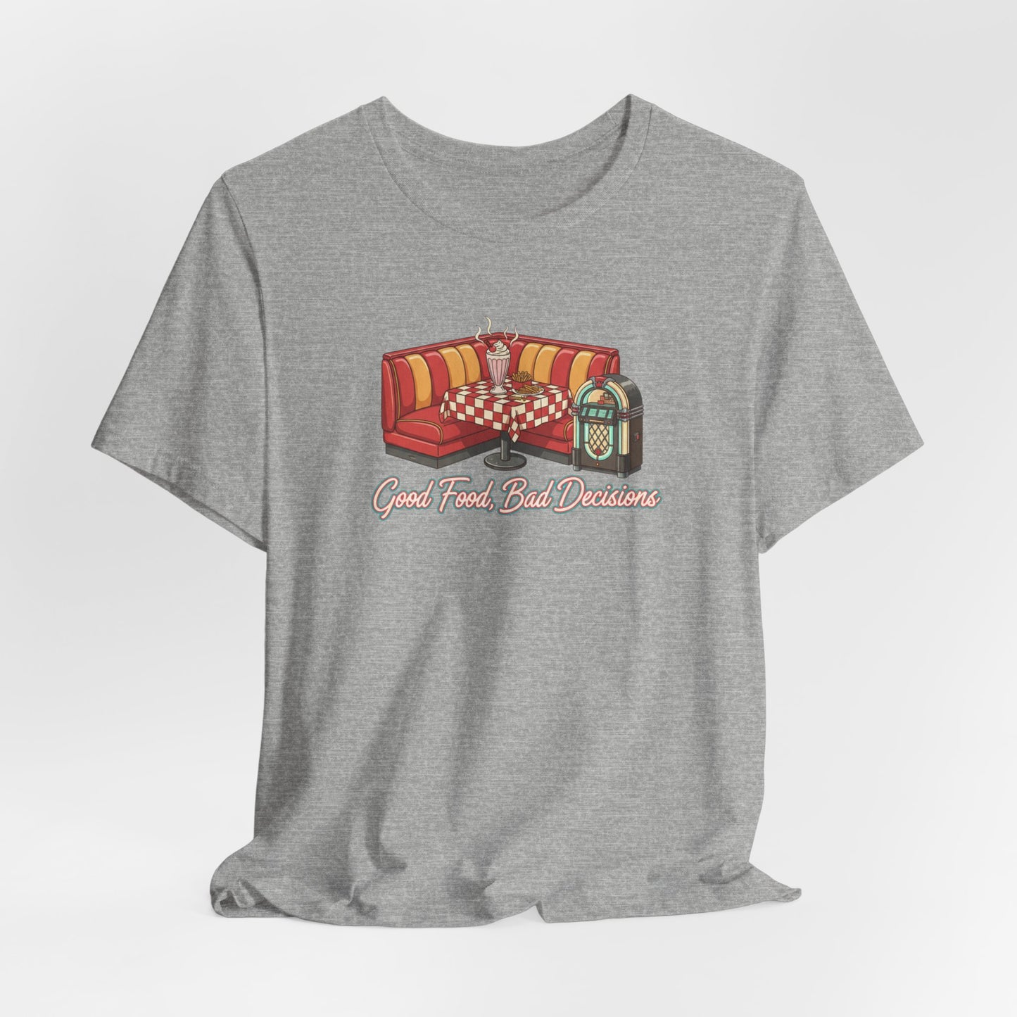 Good Food, Bad Decisions, Diner Booth & Jukebox Tee | Retro Diner Shirt, Matchbook Graphic