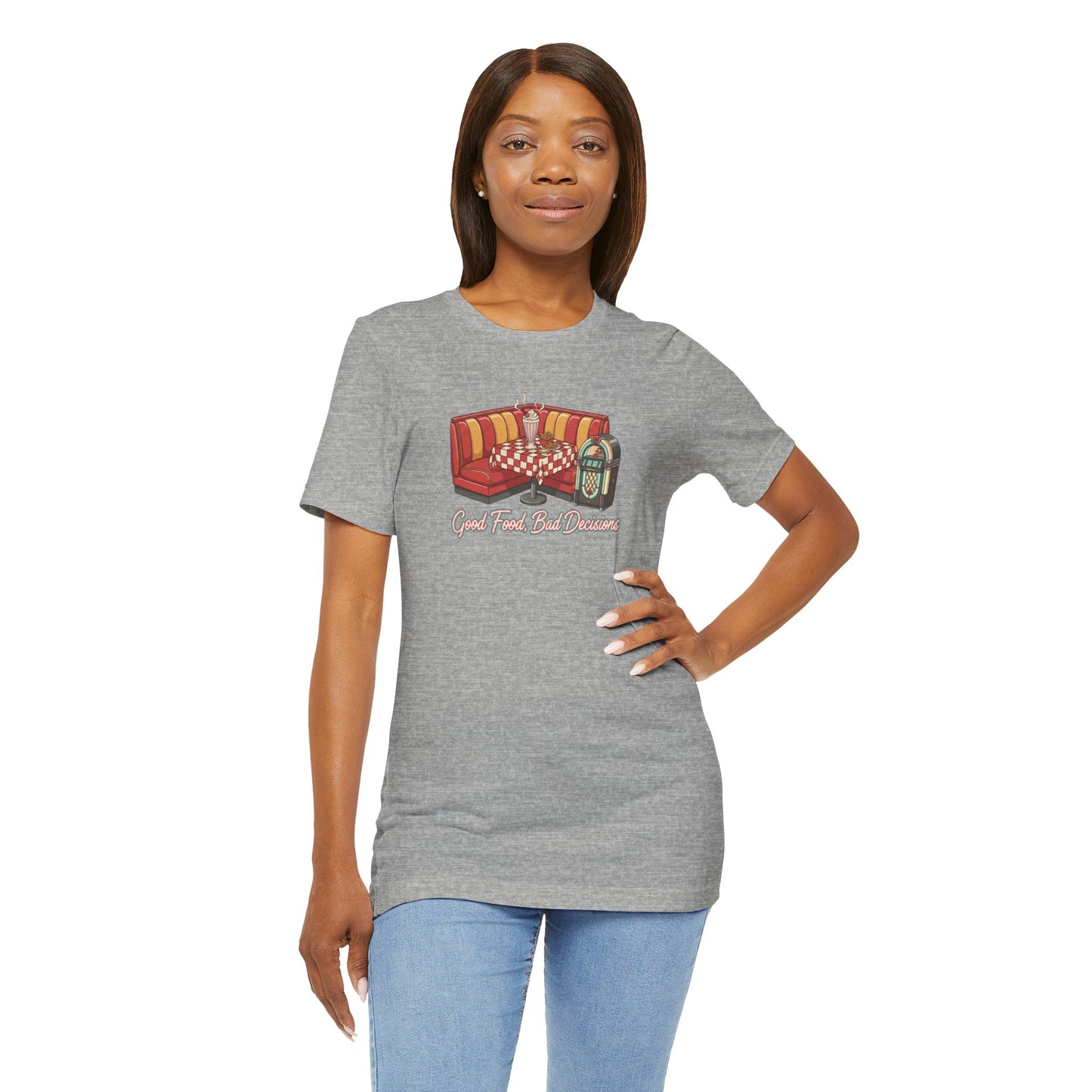 Good Food, Bad Decisions, Diner Booth & Jukebox Tee | Retro Diner Shirt, Matchbook Graphic