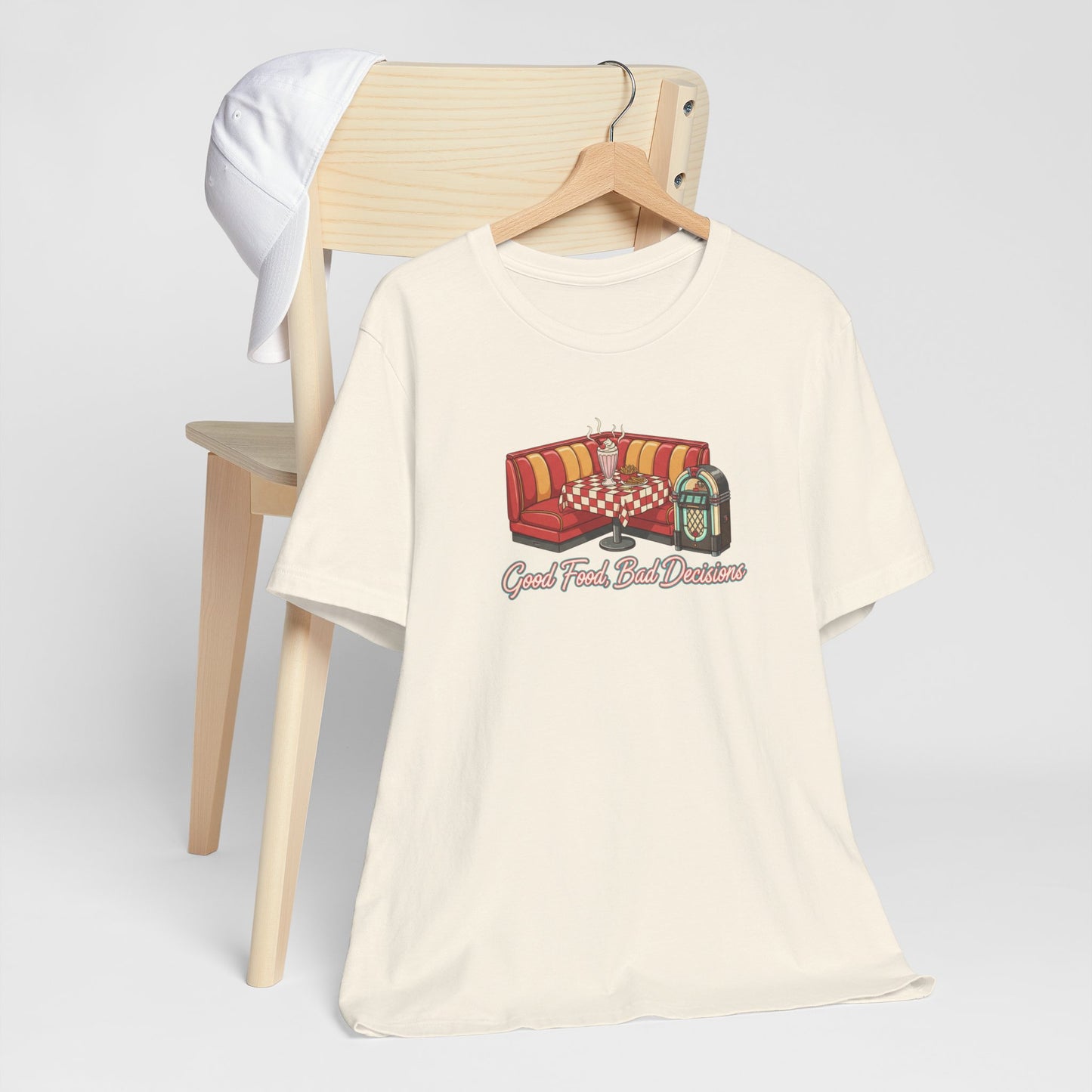 Good Food, Bad Decisions, Diner Booth & Jukebox Tee | Retro Diner Shirt, Matchbook Graphic