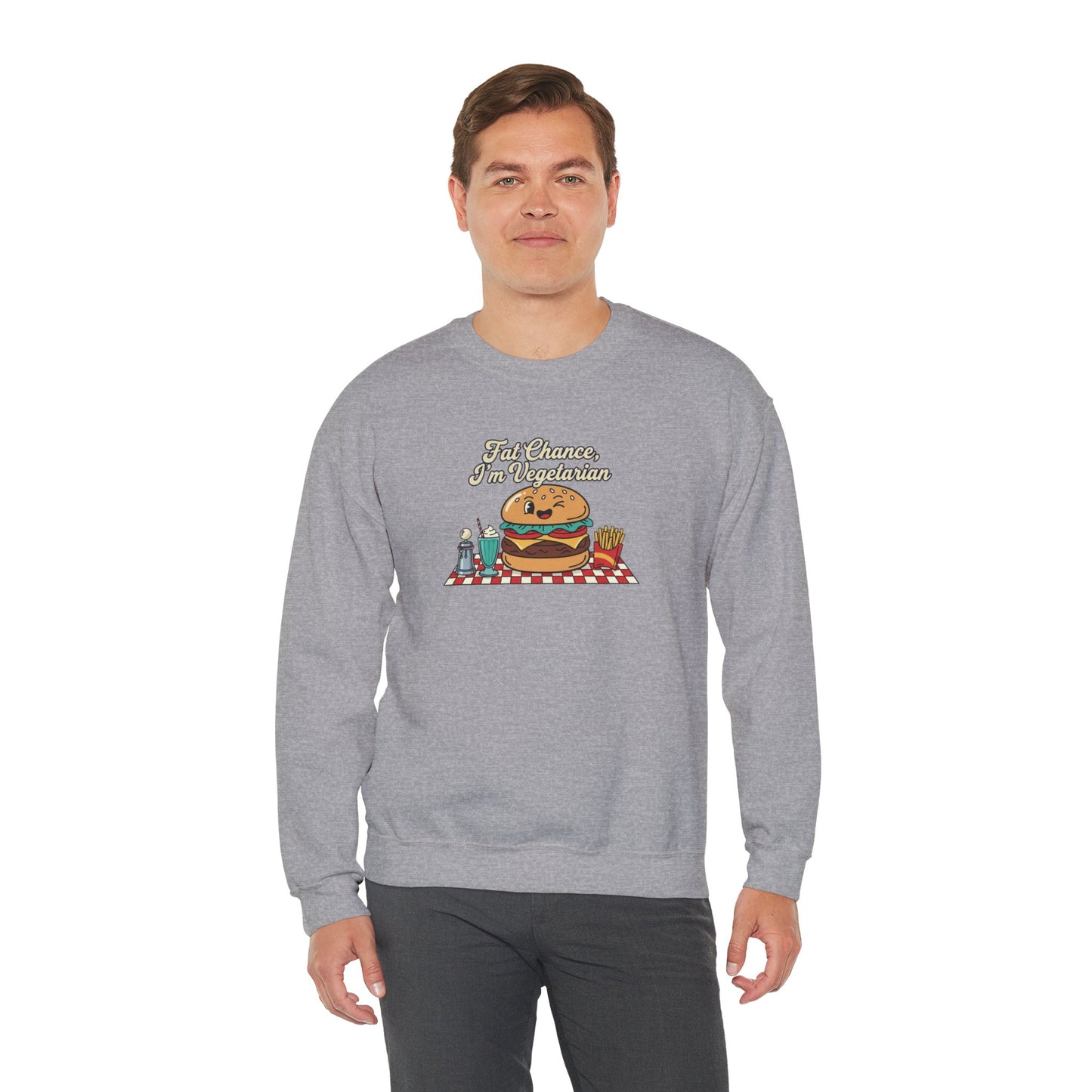 Fat Chance, I'm Vegetarian, Cheeseburger Diner Graphic Sweatshirt | Retro Diner, Matchbook & Pantry Label Art