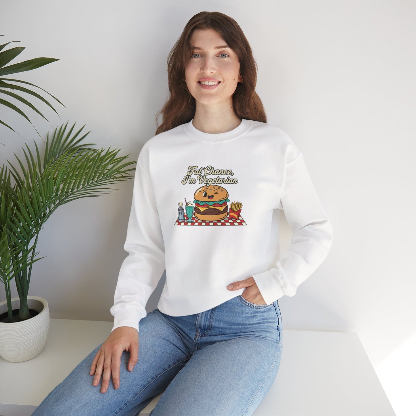 Fat Chance, I'm Vegetarian, Cheeseburger Diner Graphic Sweatshirt | Retro Diner, Matchbook & Pantry Label Art