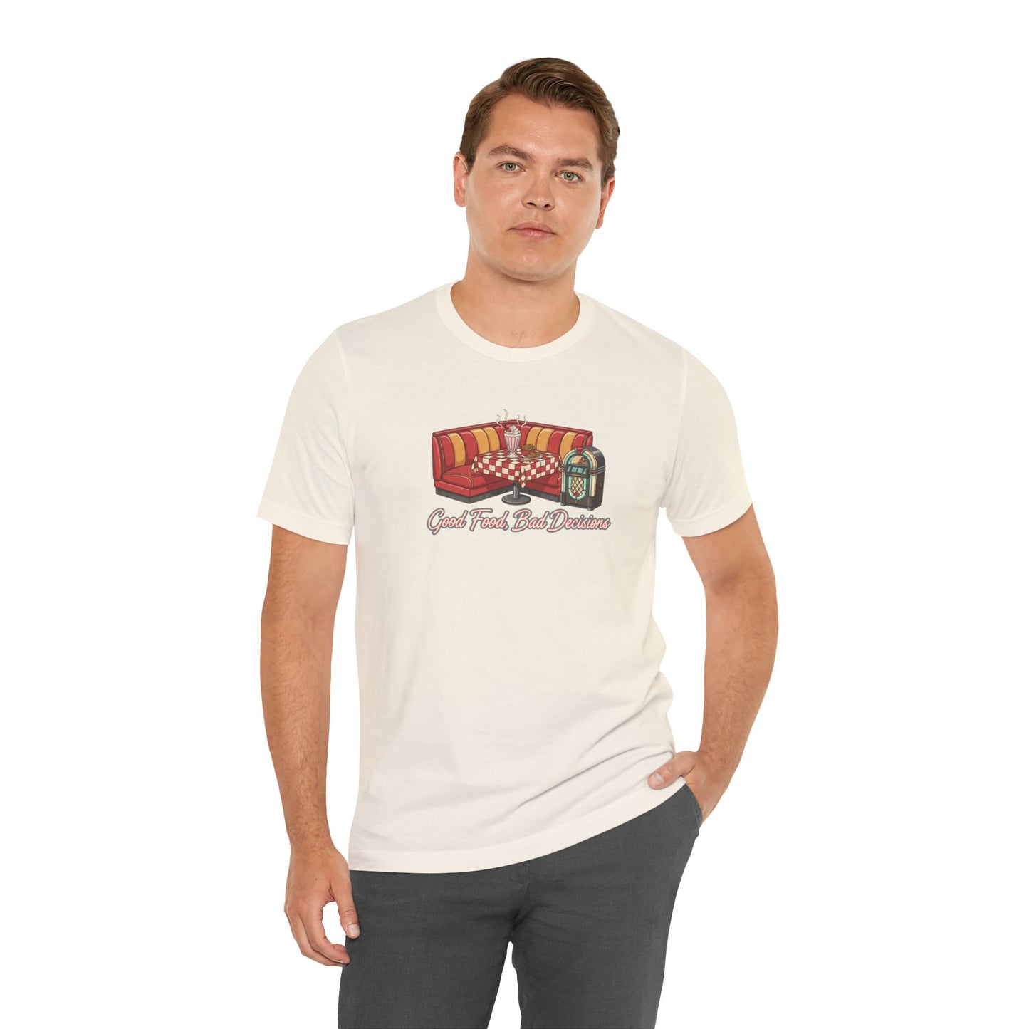Good Food, Bad Decisions, Diner Booth & Jukebox Tee | Retro Diner Shirt, Matchbook Graphic