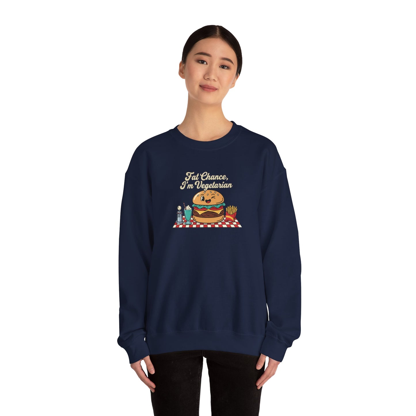 Fat Chance, I'm Vegetarian, Cheeseburger Diner Graphic Sweatshirt | Retro Diner, Matchbook & Pantry Label Art