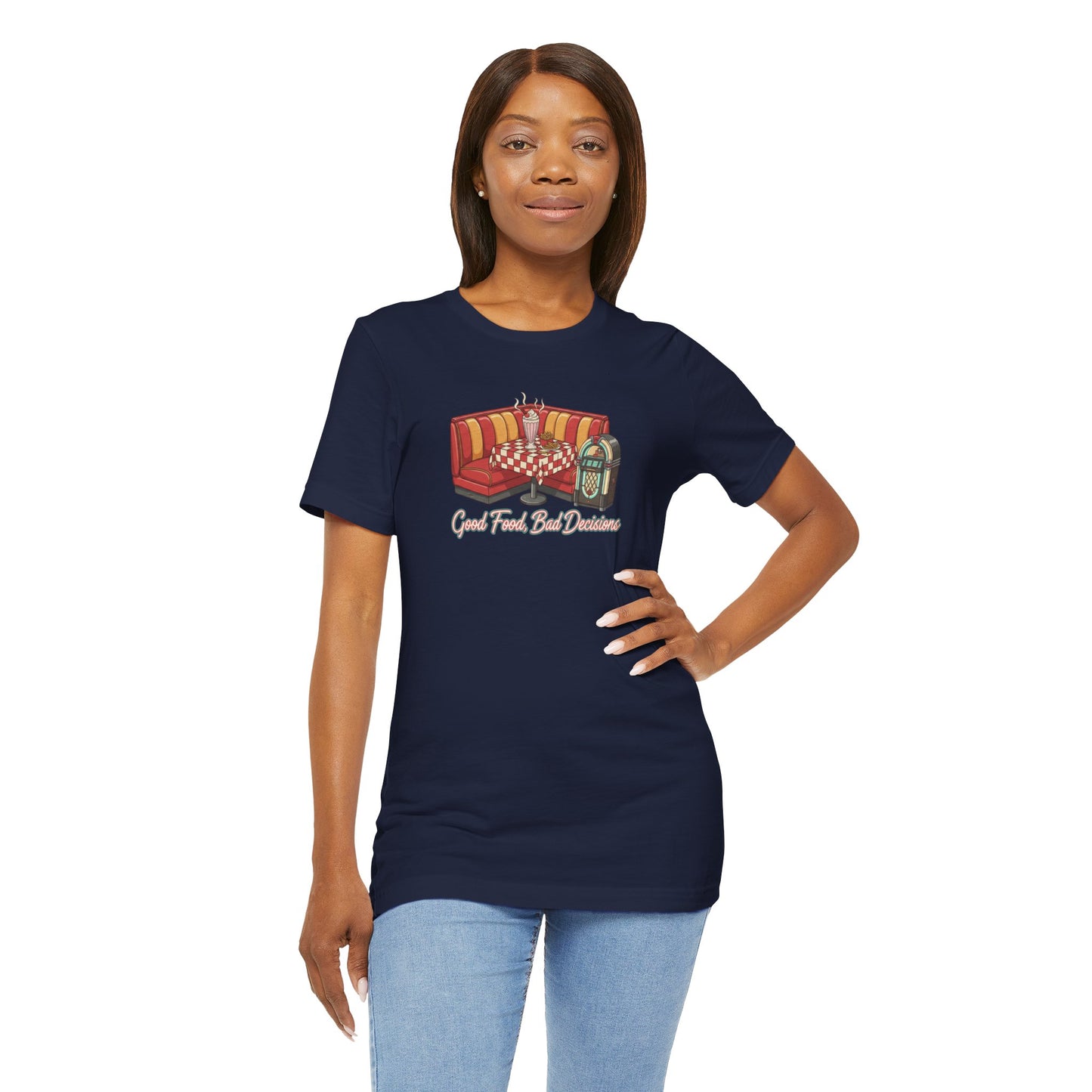 Good Food, Bad Decisions, Diner Booth & Jukebox Tee | Retro Diner Shirt, Matchbook Graphic