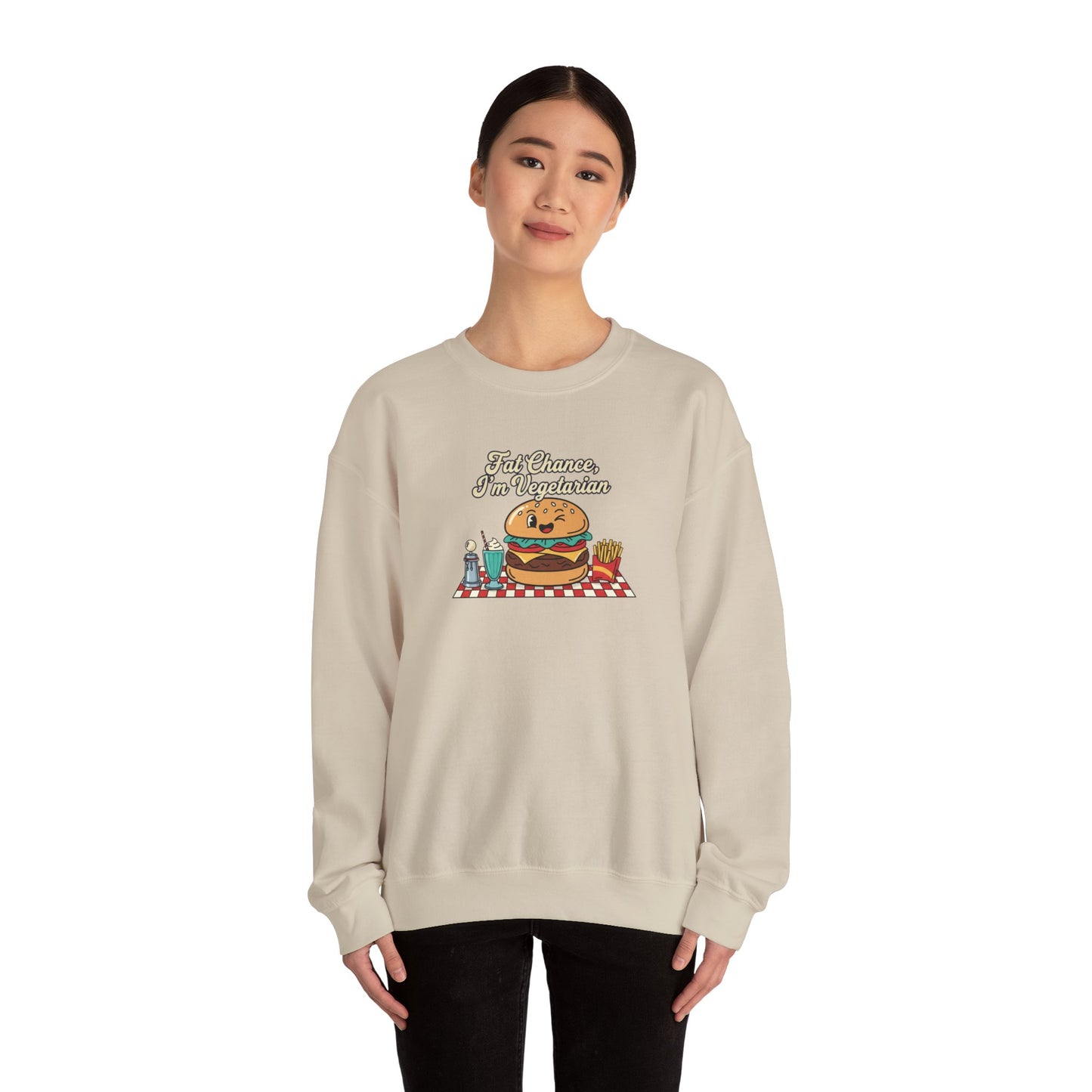 Fat Chance, I'm Vegetarian, Cheeseburger Diner Graphic Sweatshirt | Retro Diner, Matchbook & Pantry Label Art