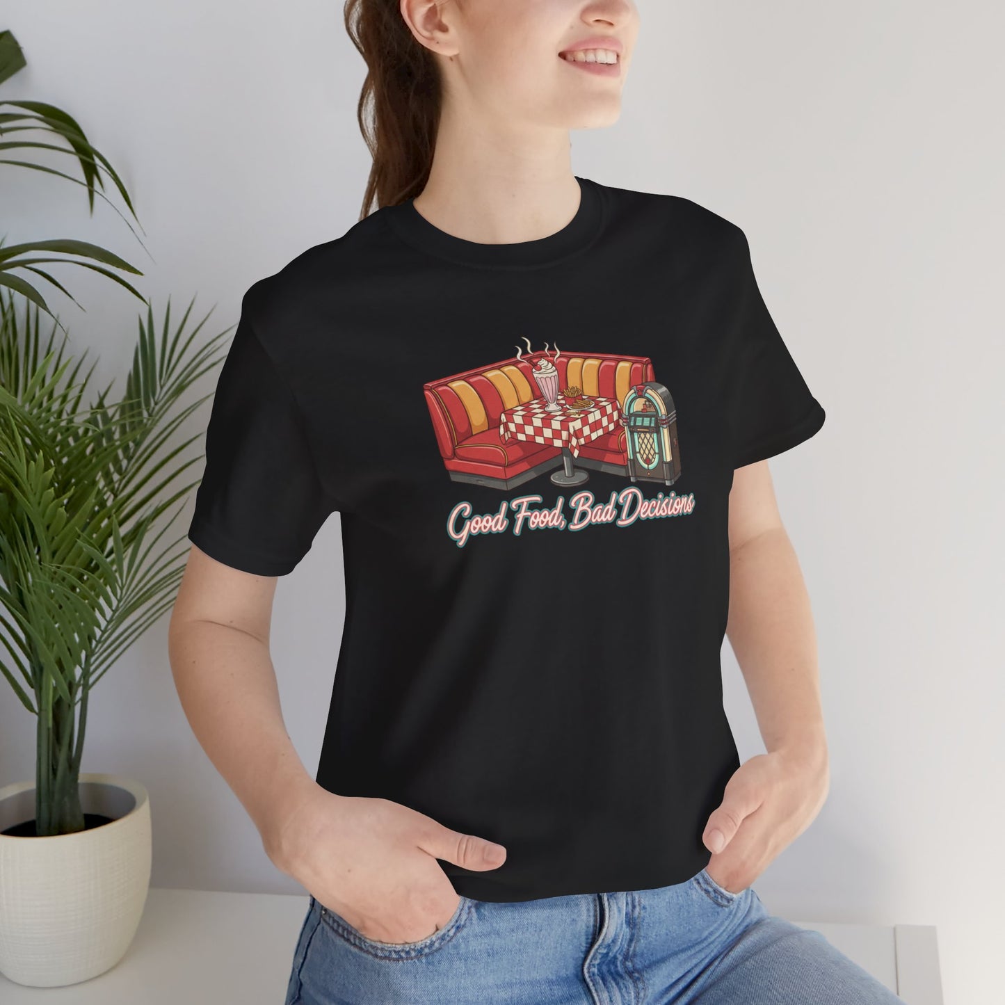 Good Food, Bad Decisions, Diner Booth & Jukebox Tee | Retro Diner Shirt, Matchbook Graphic
