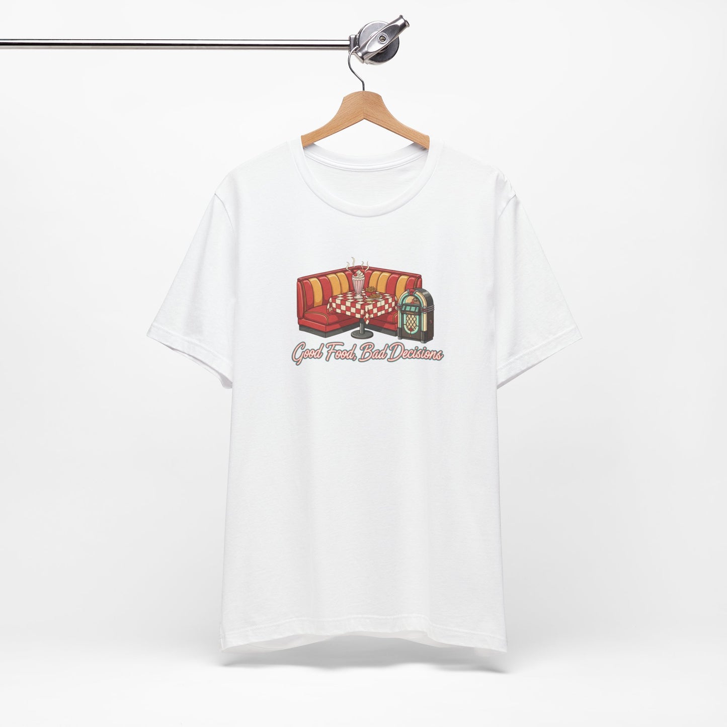 Good Food, Bad Decisions, Diner Booth & Jukebox Tee | Retro Diner Shirt, Matchbook Graphic