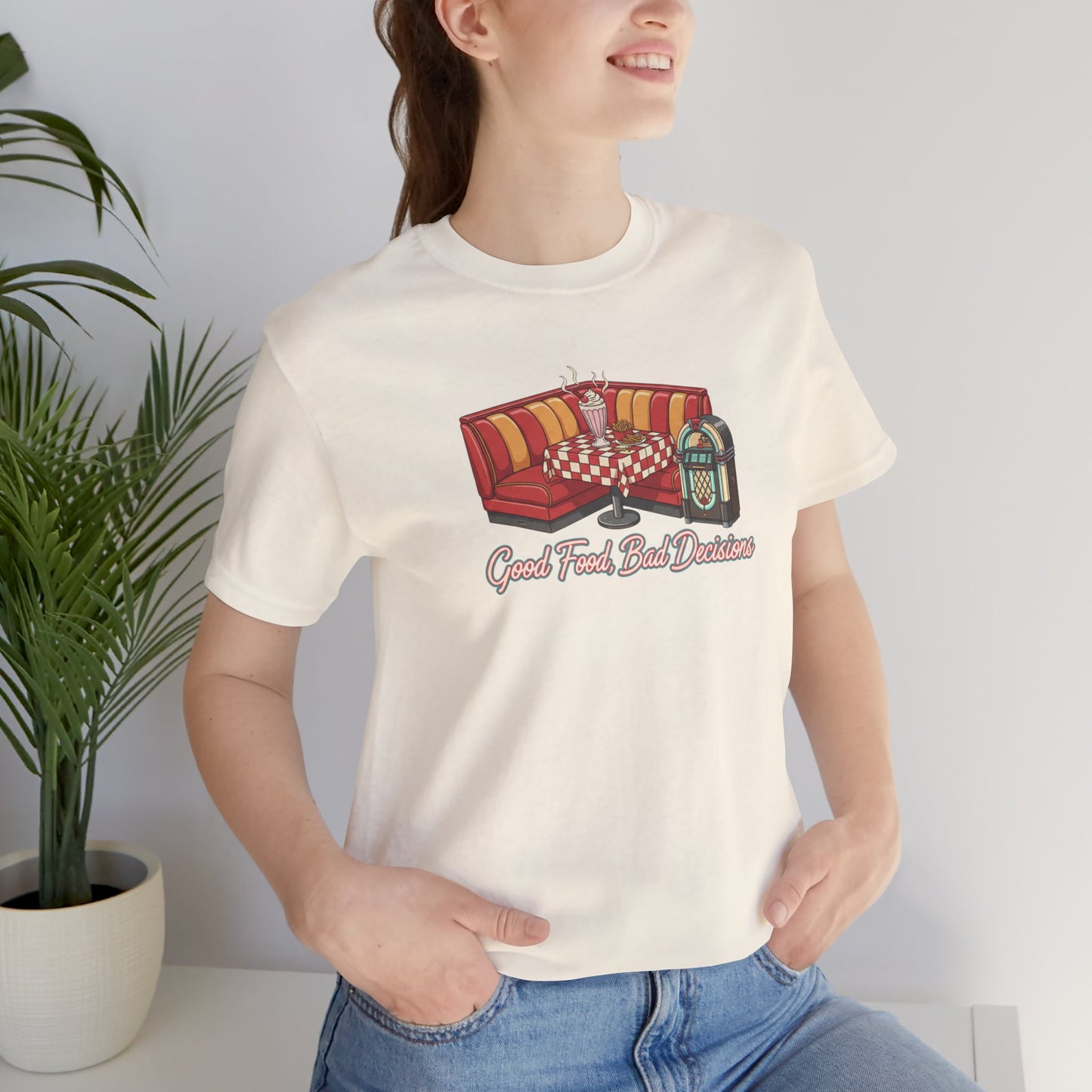 Good Food, Bad Decisions, Diner Booth & Jukebox Tee | Retro Diner Shirt, Matchbook Graphic