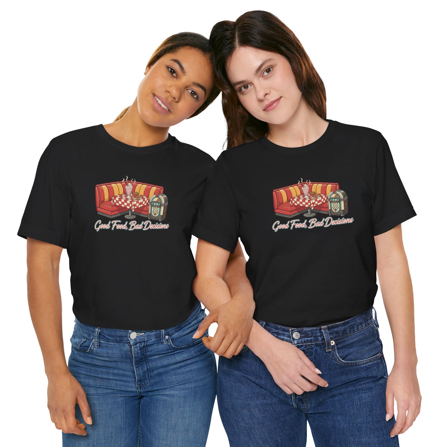 Good Food, Bad Decisions, Diner Booth & Jukebox Tee | Retro Diner Shirt, Matchbook Graphic