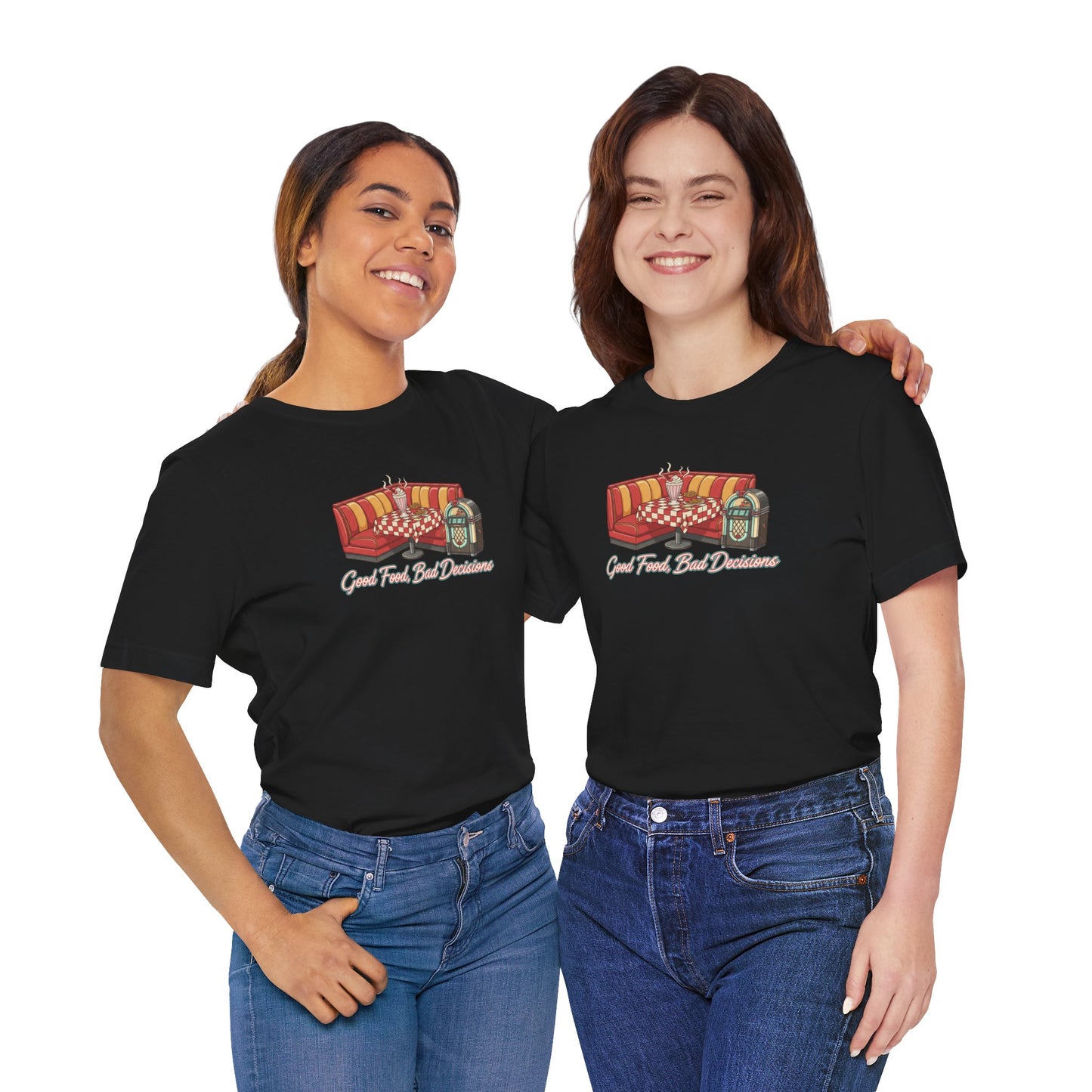 Good Food, Bad Decisions, Diner Booth & Jukebox Tee | Retro Diner Shirt, Matchbook Graphic