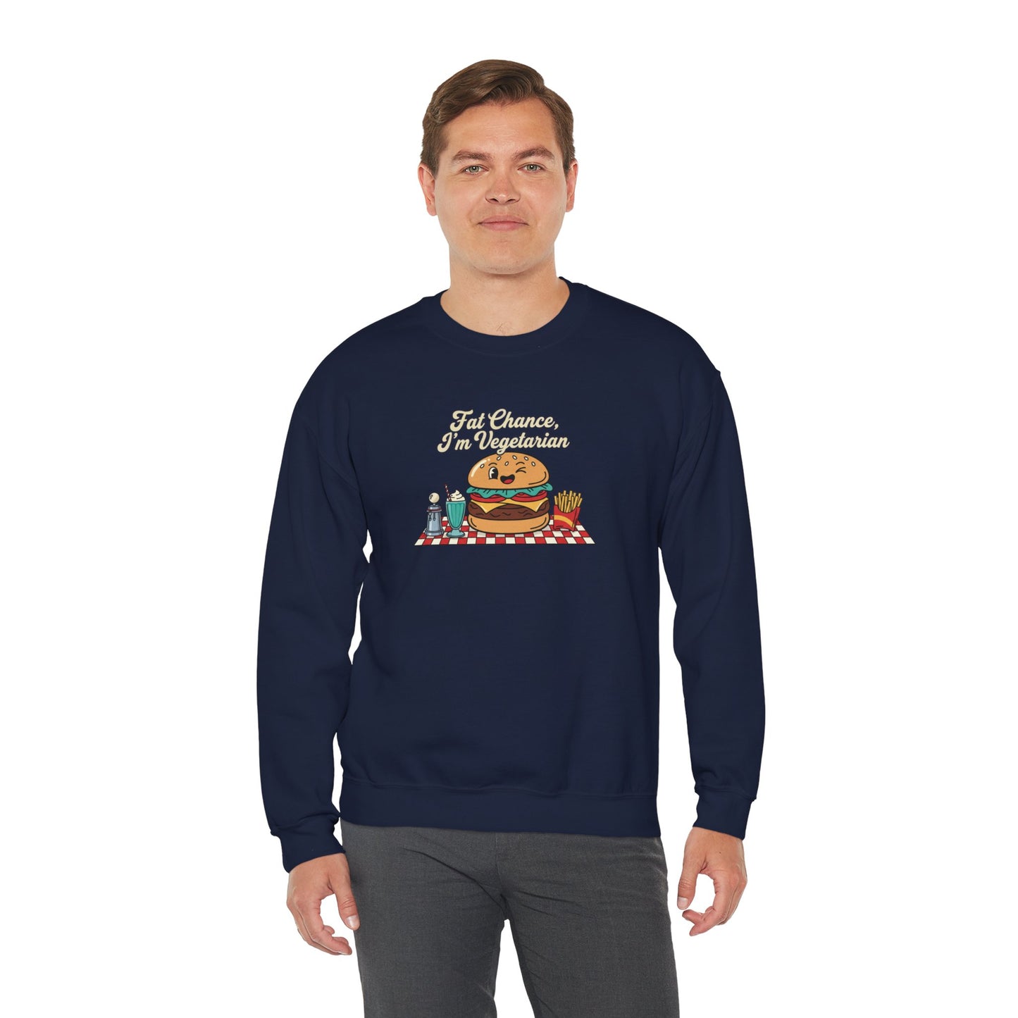 Fat Chance, I'm Vegetarian, Cheeseburger Diner Graphic Sweatshirt | Retro Diner, Matchbook & Pantry Label Art
