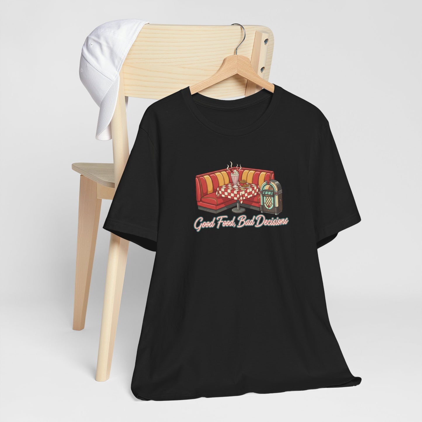 Good Food, Bad Decisions, Diner Booth & Jukebox Tee | Retro Diner Shirt, Matchbook Graphic