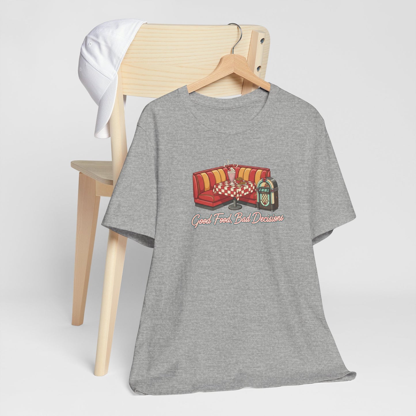 Good Food, Bad Decisions, Diner Booth & Jukebox Tee | Retro Diner Shirt, Matchbook Graphic
