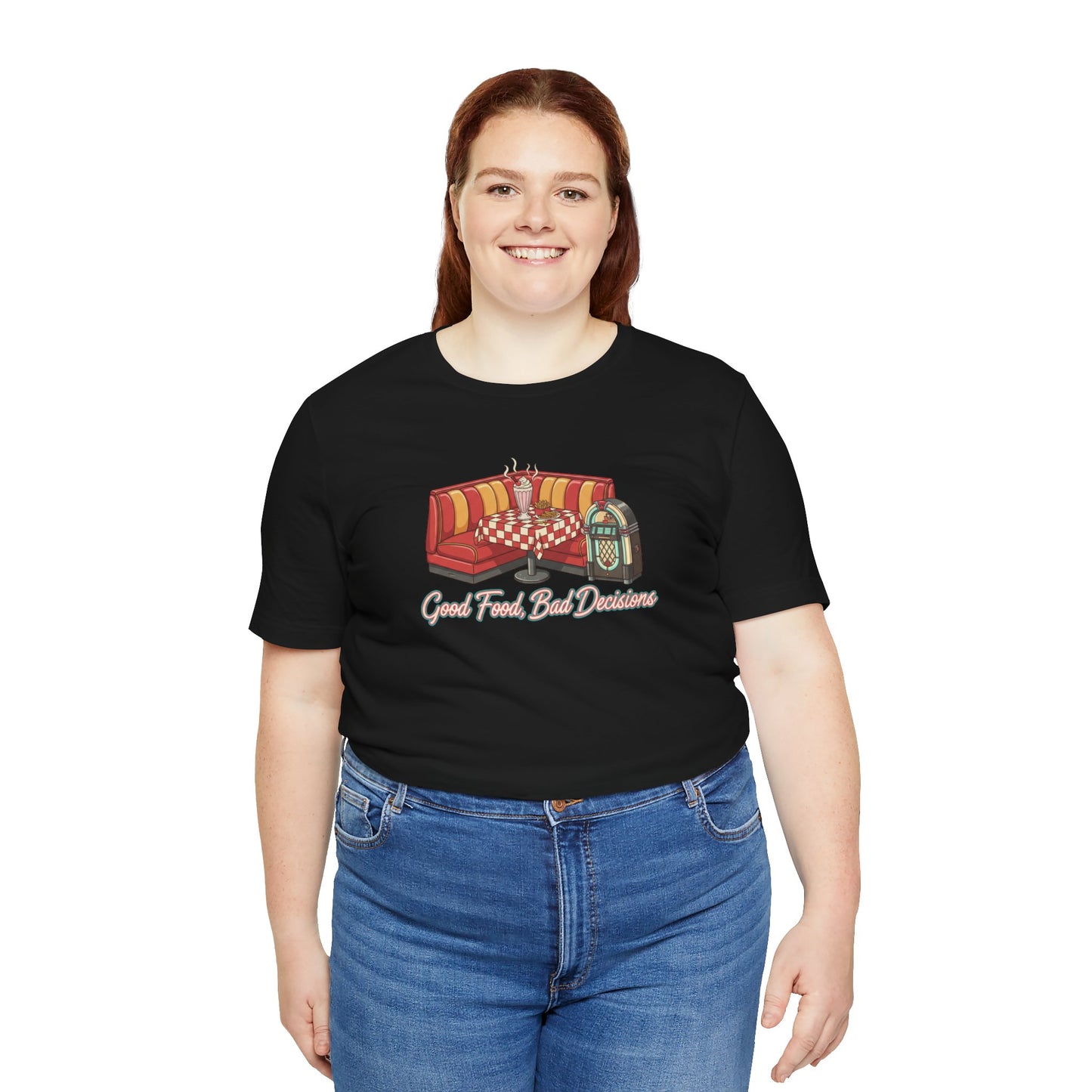 Good Food, Bad Decisions, Diner Booth & Jukebox Tee | Retro Diner Shirt, Matchbook Graphic