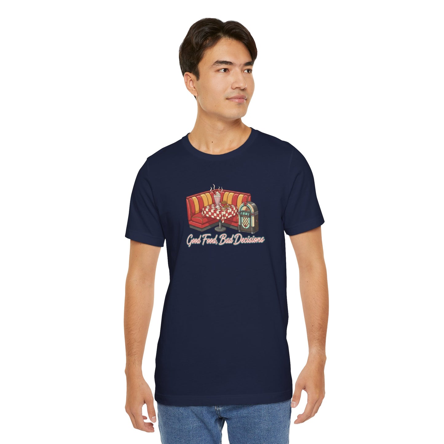 Good Food, Bad Decisions, Diner Booth & Jukebox Tee | Retro Diner Shirt, Matchbook Graphic