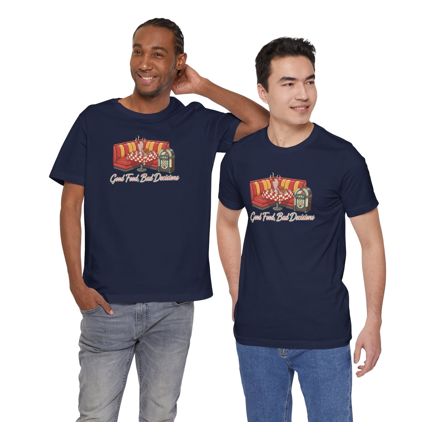 Good Food, Bad Decisions, Diner Booth & Jukebox Tee | Retro Diner Shirt, Matchbook Graphic