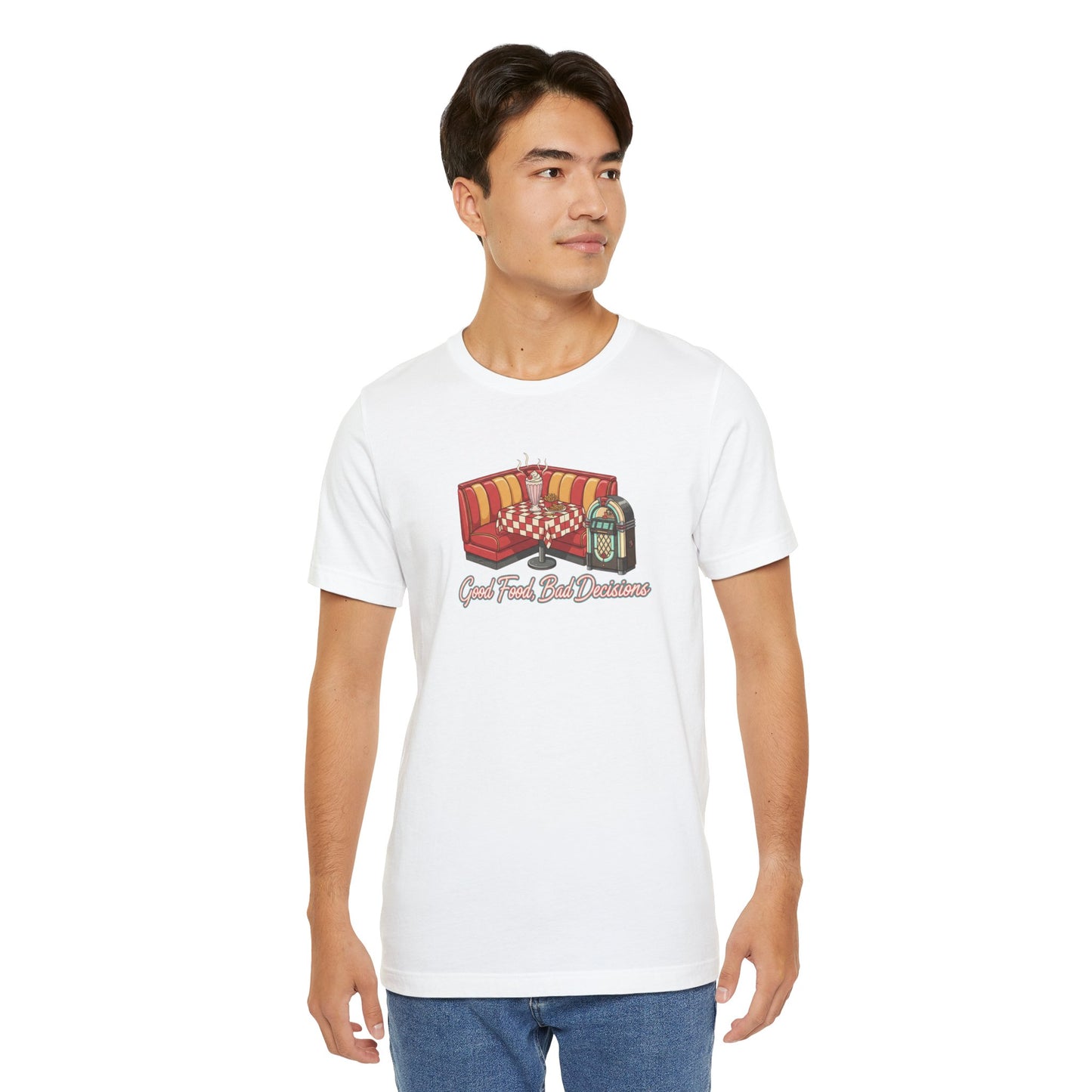Good Food, Bad Decisions, Diner Booth & Jukebox Tee | Retro Diner Shirt, Matchbook Graphic