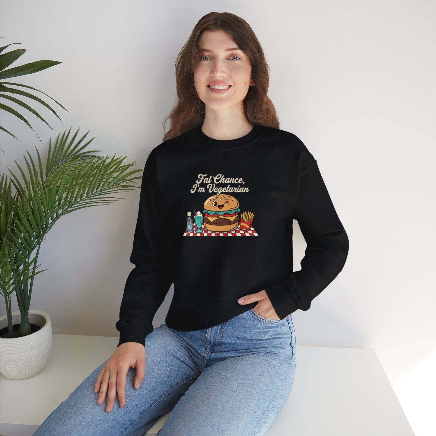 Fat Chance, I'm Vegetarian, Cheeseburger Diner Graphic Sweatshirt | Retro Diner, Matchbook & Pantry Label Art