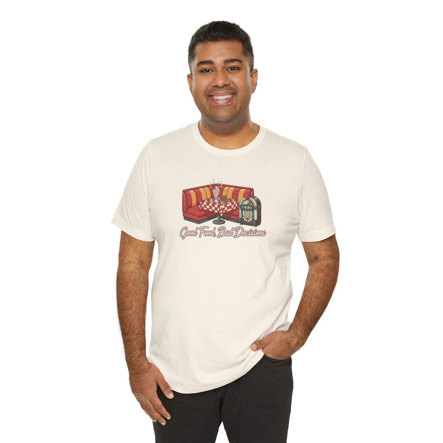 Good Food, Bad Decisions, Diner Booth & Jukebox Tee | Retro Diner Shirt, Matchbook Graphic