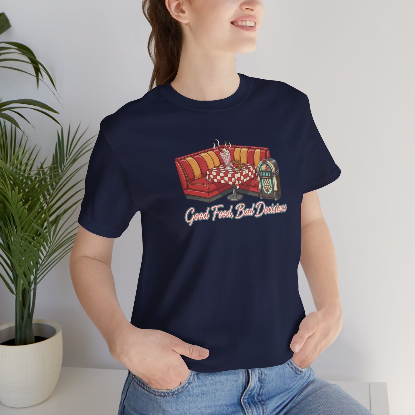 Good Food, Bad Decisions, Diner Booth & Jukebox Tee | Retro Diner Shirt, Matchbook Graphic