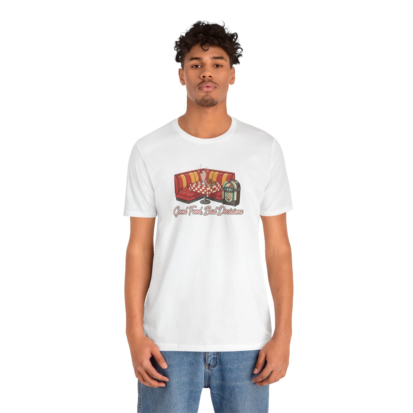 Good Food, Bad Decisions, Diner Booth & Jukebox Tee | Retro Diner Shirt, Matchbook Graphic