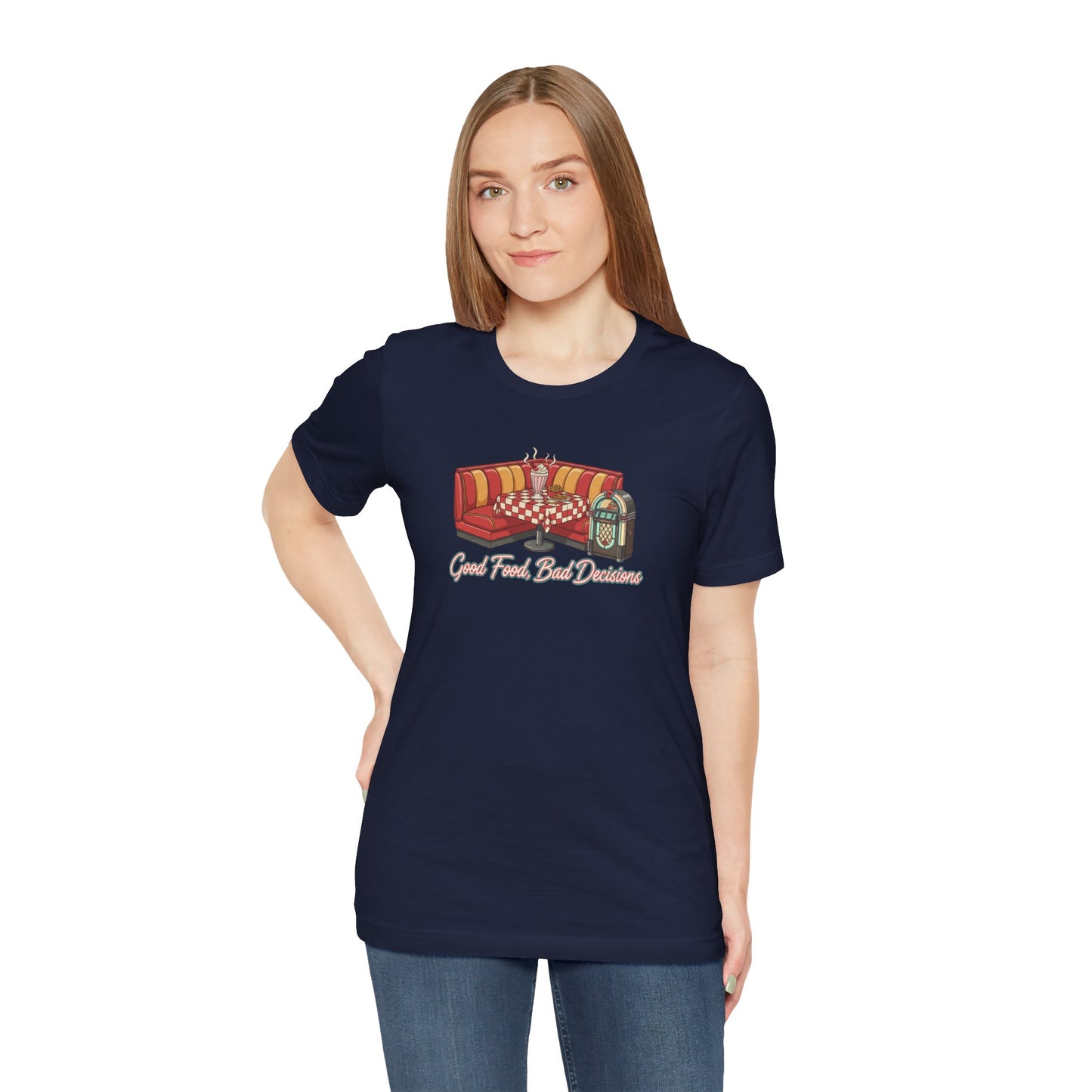 Good Food, Bad Decisions, Diner Booth & Jukebox Tee | Retro Diner Shirt, Matchbook Graphic