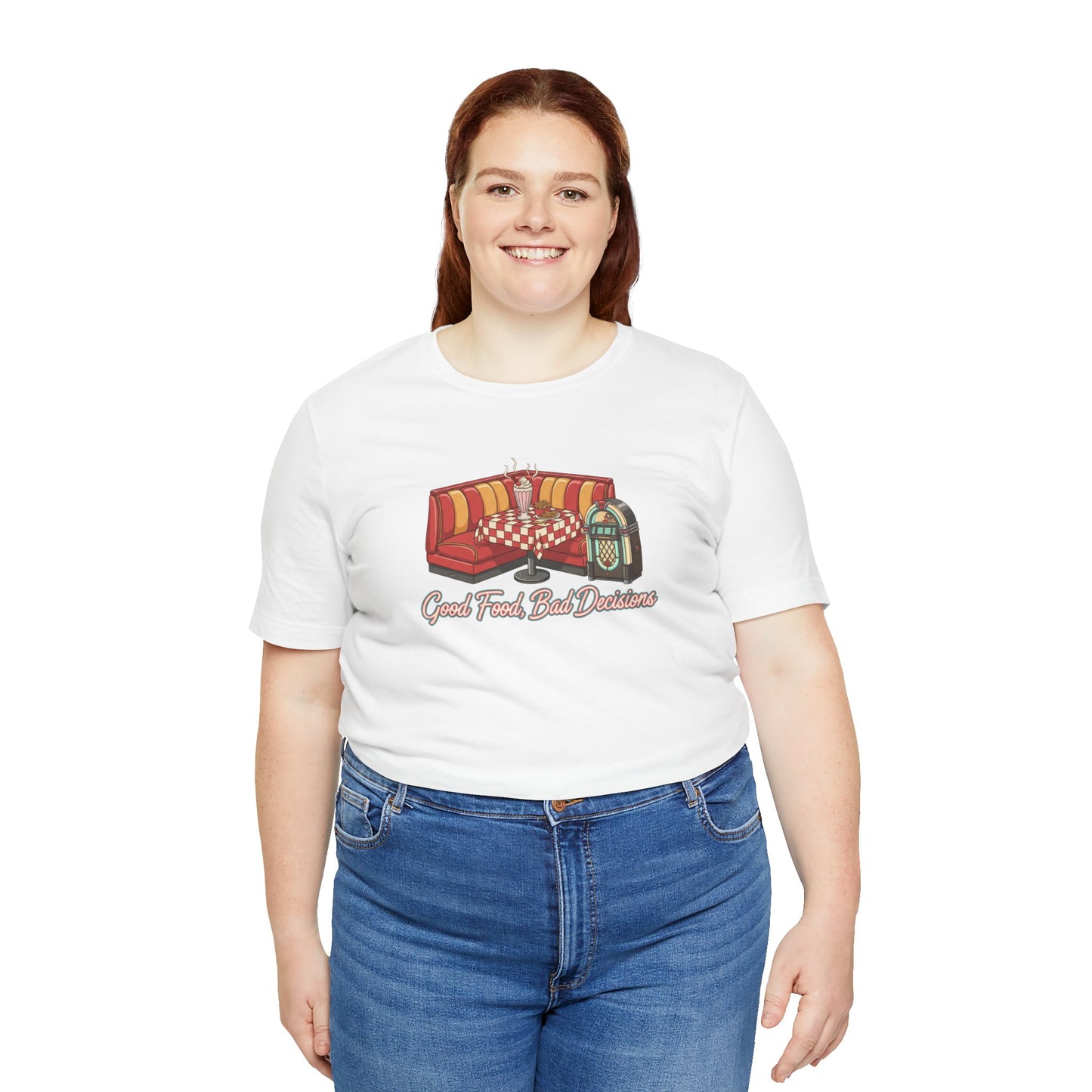 Good Food, Bad Decisions, Diner Booth & Jukebox Tee | Retro Diner Shirt, Matchbook Graphic