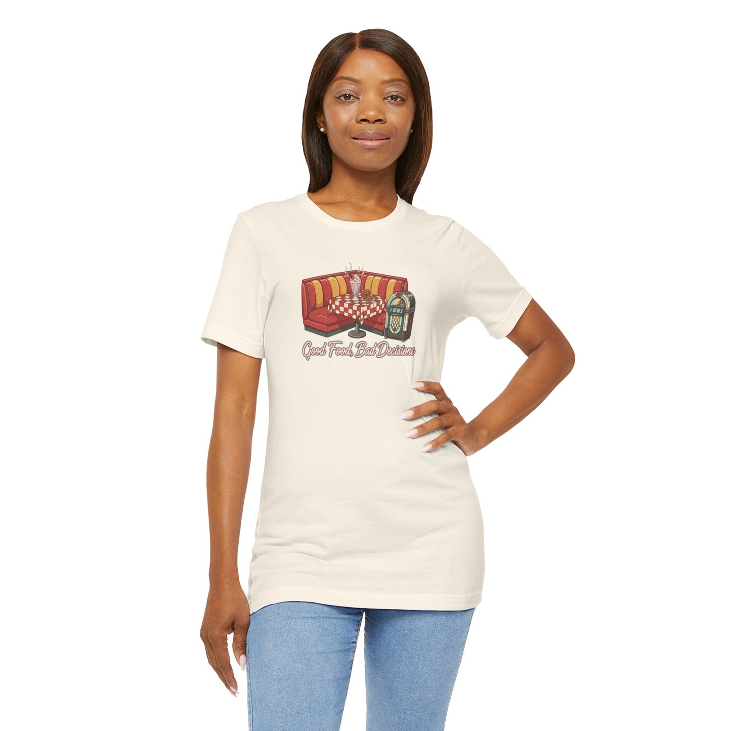 Good Food, Bad Decisions, Diner Booth & Jukebox Tee | Retro Diner Shirt, Matchbook Graphic