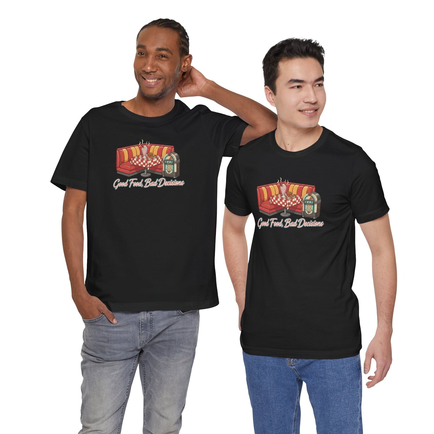 Good Food, Bad Decisions, Diner Booth & Jukebox Tee | Retro Diner Shirt, Matchbook Graphic