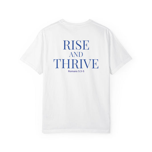 Rise and Thrive Child Abuse Awareness Shirt | Blue Phoenix Survivor & Advocate Tee | Romans 5:3–5