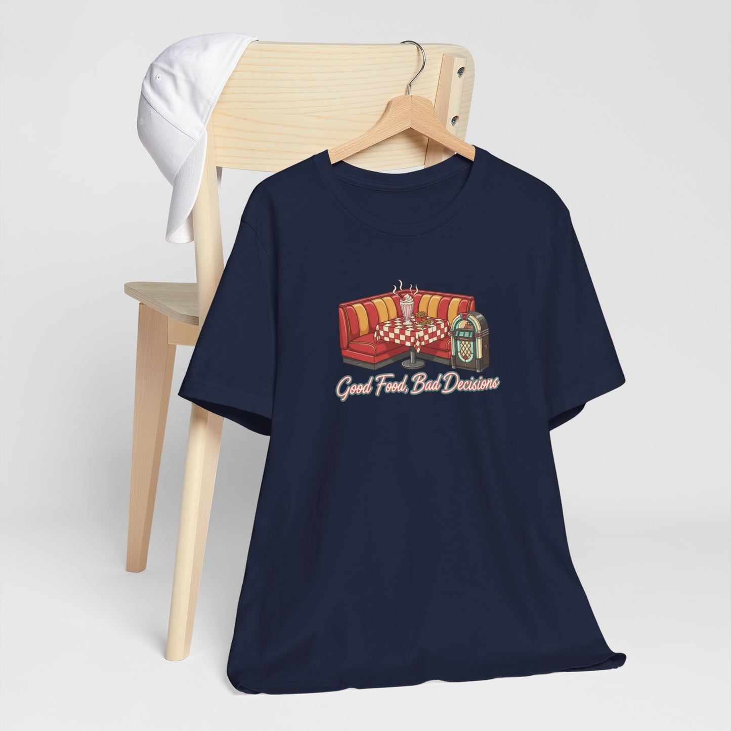 Good Food, Bad Decisions, Diner Booth & Jukebox Tee | Retro Diner Shirt, Matchbook Graphic