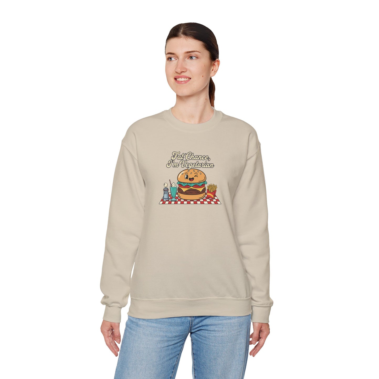 Fat Chance, I'm Vegetarian, Cheeseburger Diner Graphic Sweatshirt | Retro Diner, Matchbook & Pantry Label Art