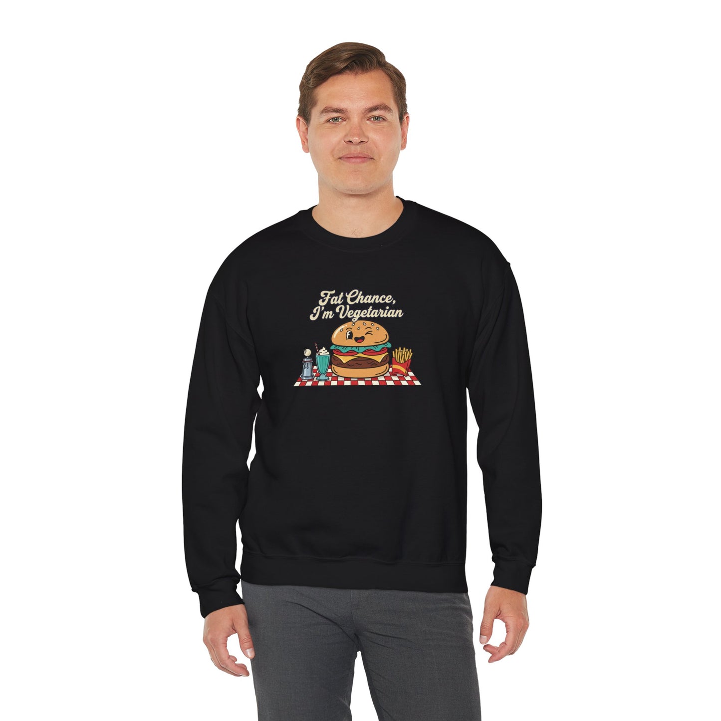 Fat Chance, I'm Vegetarian, Cheeseburger Diner Graphic Sweatshirt | Retro Diner, Matchbook & Pantry Label Art