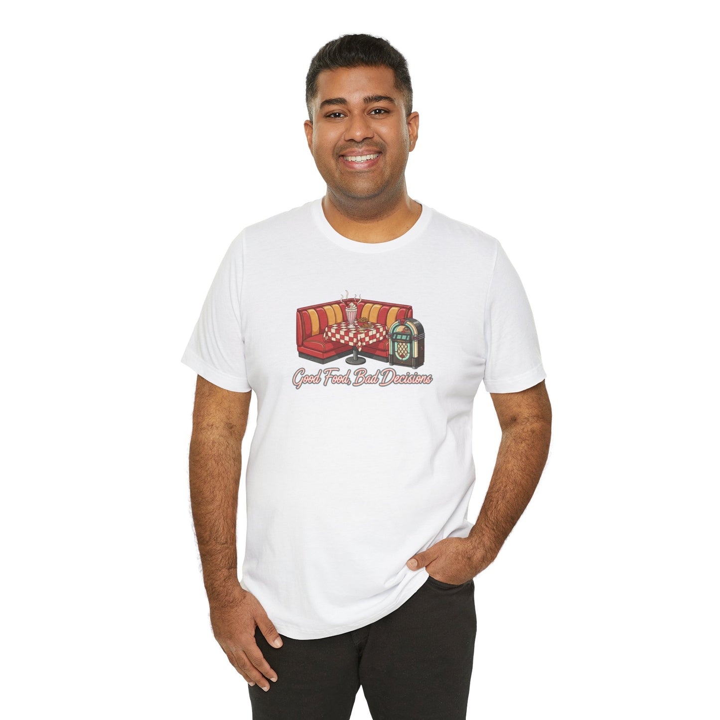 Good Food, Bad Decisions, Diner Booth & Jukebox Tee | Retro Diner Shirt, Matchbook Graphic