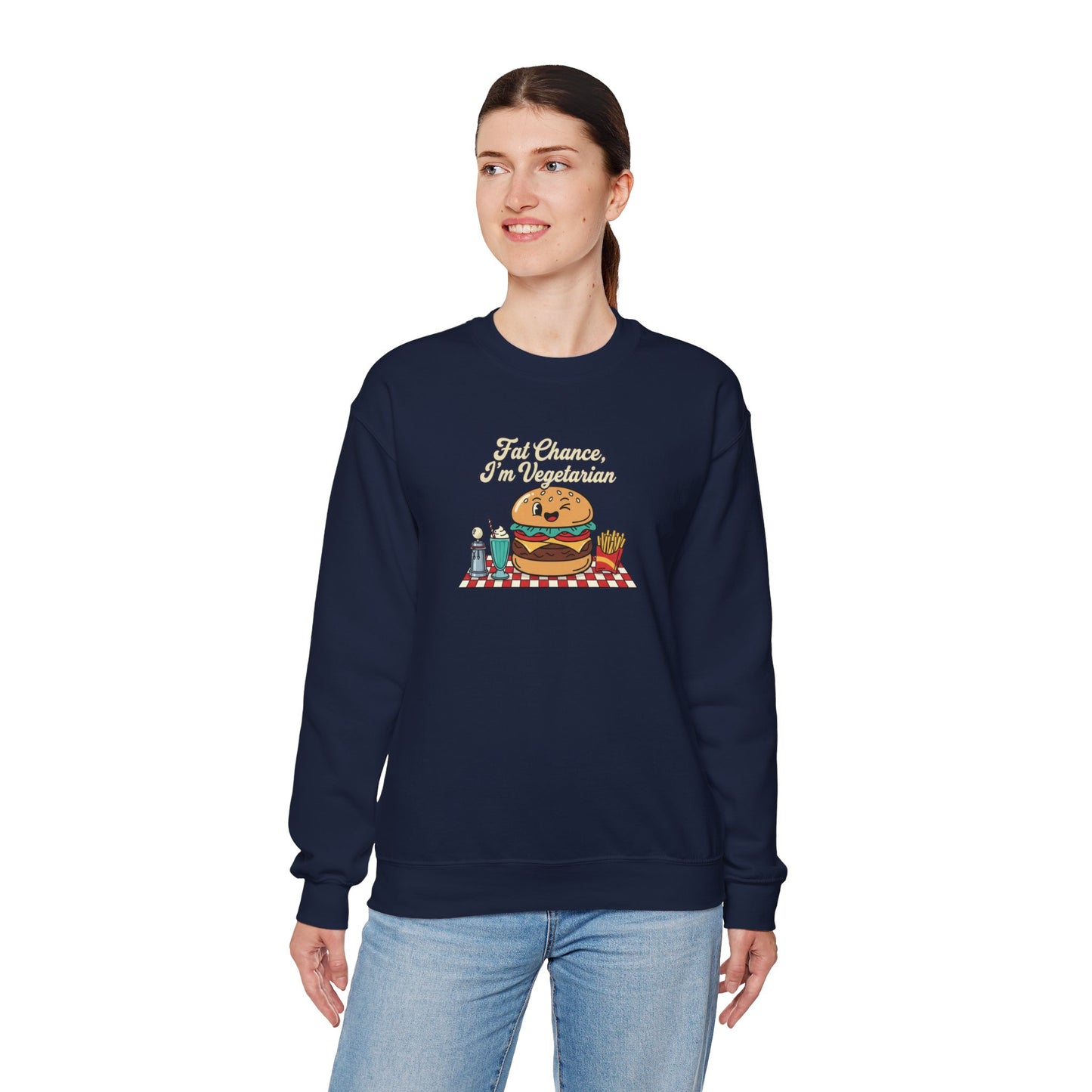 Fat Chance, I'm Vegetarian, Cheeseburger Diner Graphic Sweatshirt | Retro Diner, Matchbook & Pantry Label Art