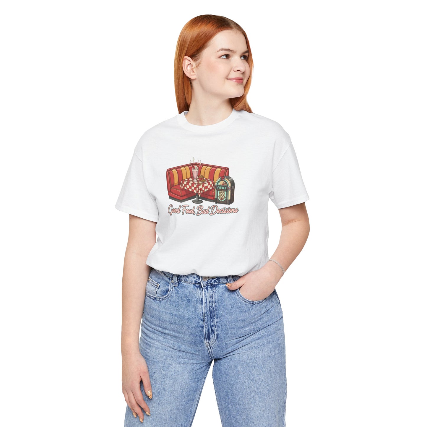 Good Food, Bad Decisions, Diner Booth & Jukebox Tee | Retro Diner Shirt, Matchbook Graphic