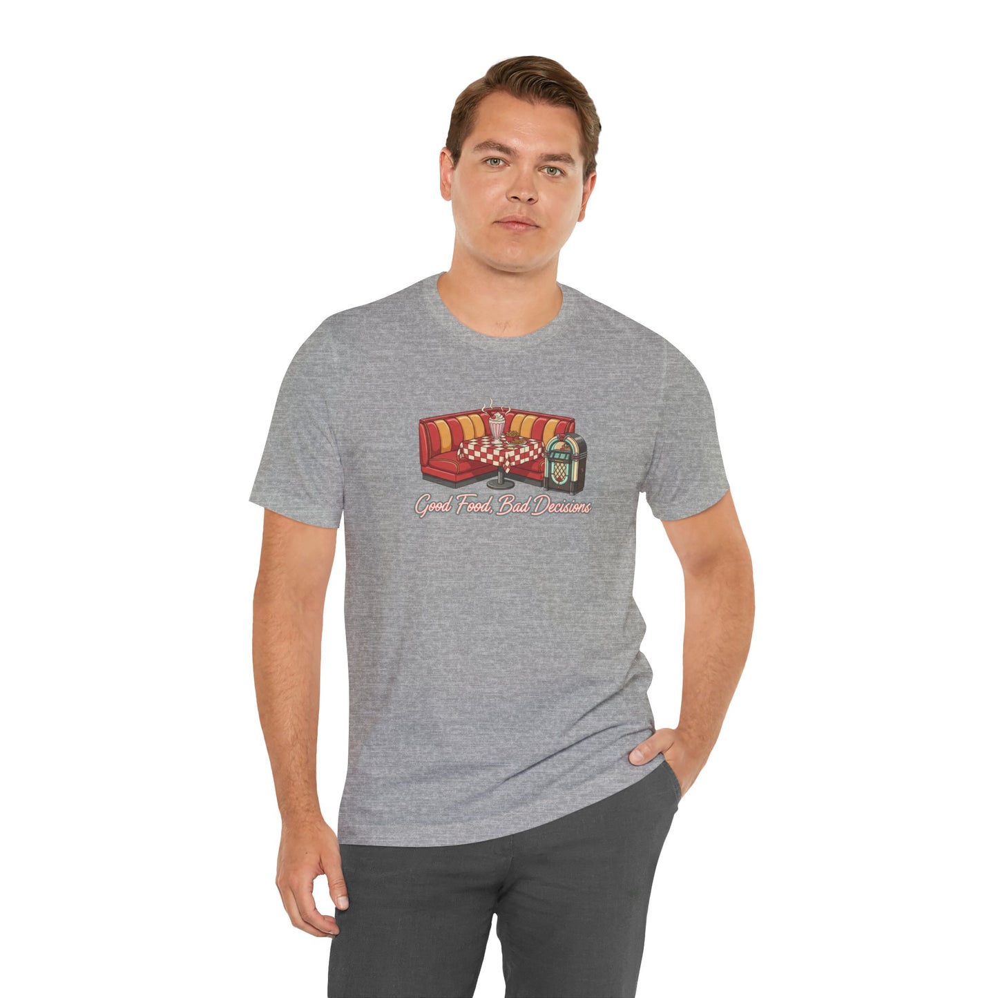 Good Food, Bad Decisions, Diner Booth & Jukebox Tee | Retro Diner Shirt, Matchbook Graphic