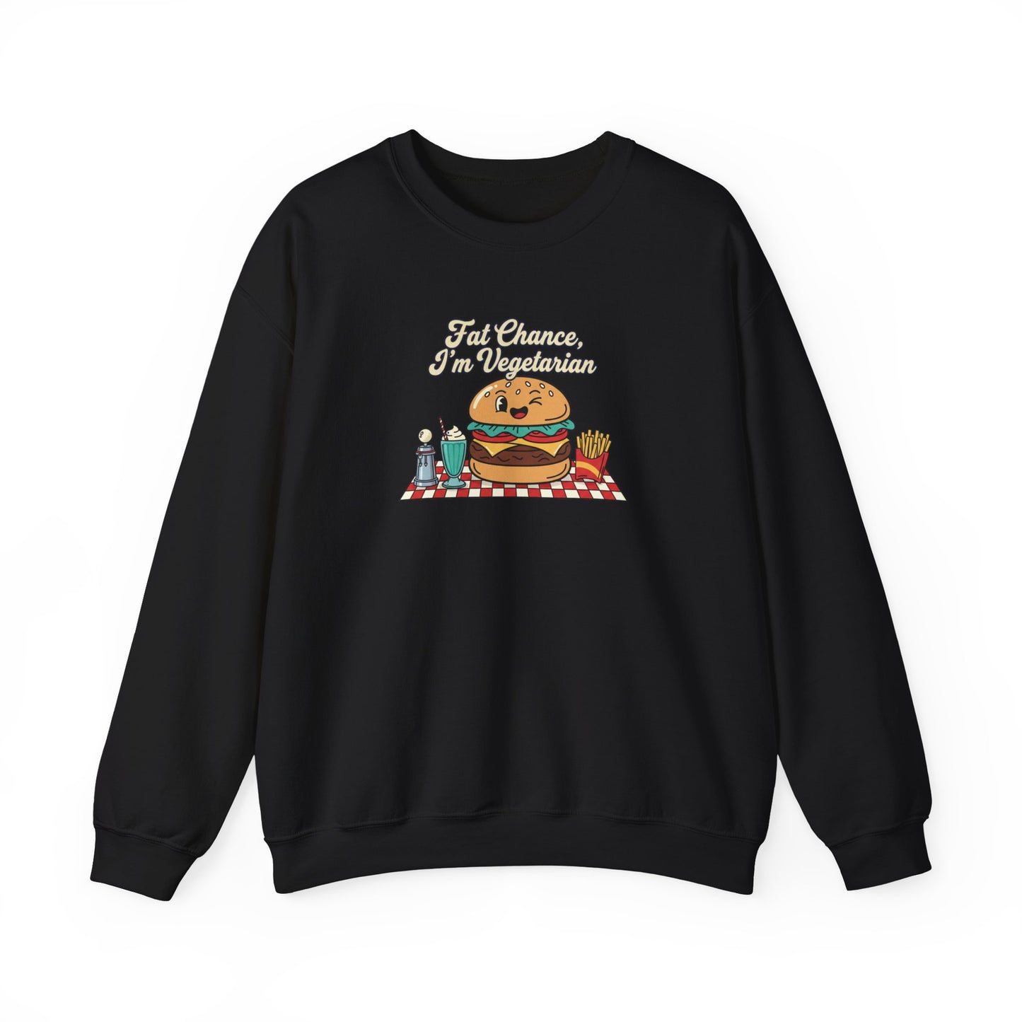 Fat Chance, I'm Vegetarian, Cheeseburger Diner Graphic Sweatshirt | Retro Diner, Matchbook & Pantry Label Art