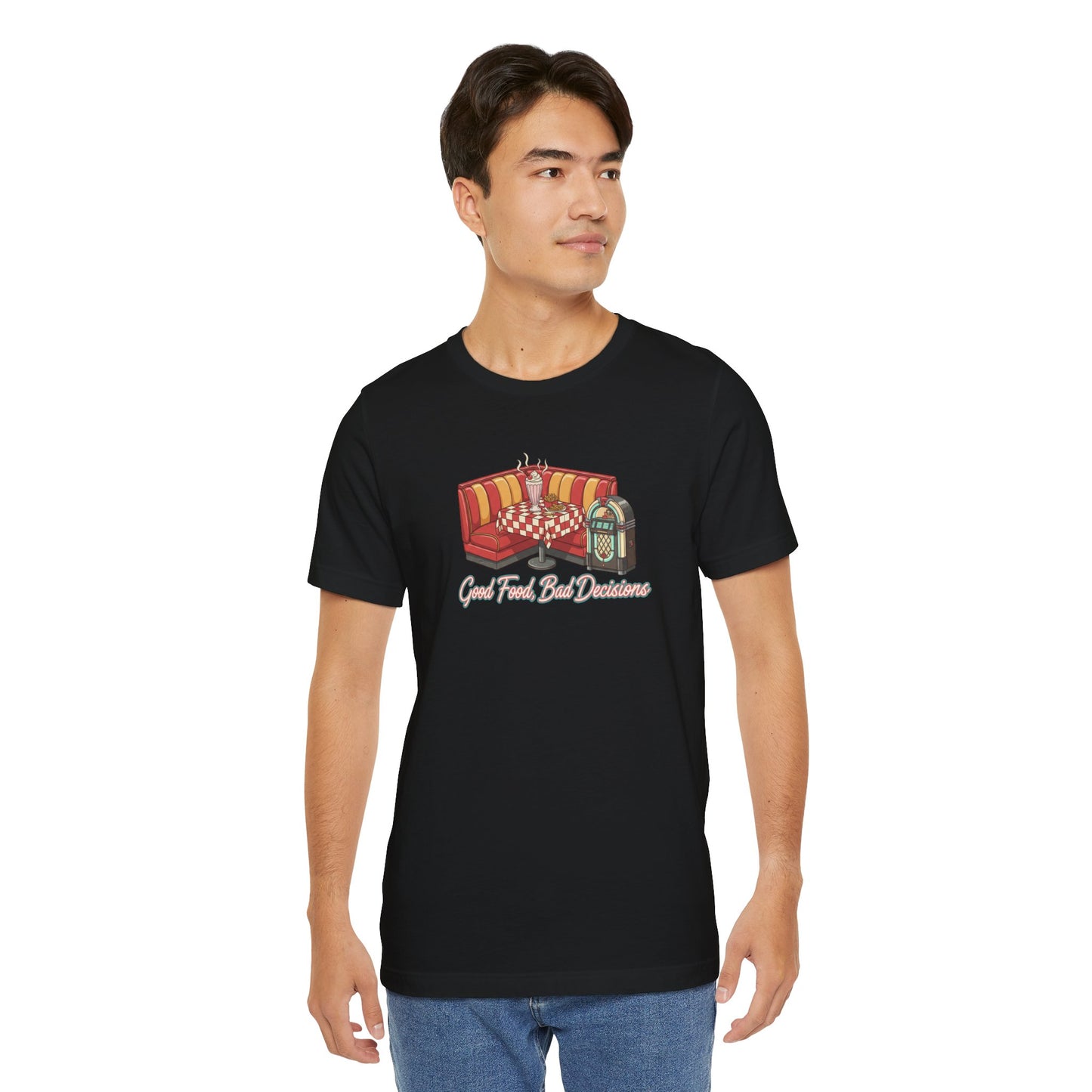 Good Food, Bad Decisions, Diner Booth & Jukebox Tee | Retro Diner Shirt, Matchbook Graphic