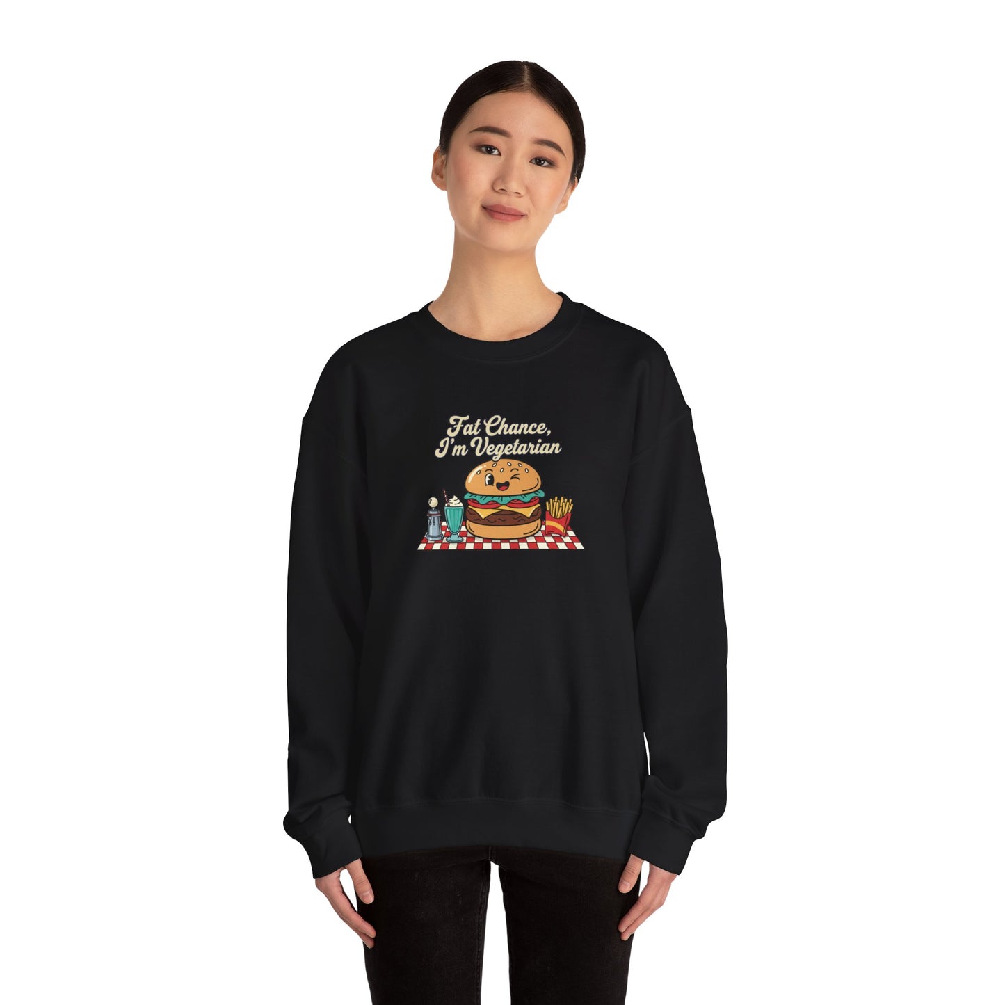 Fat Chance, I'm Vegetarian, Cheeseburger Diner Graphic Sweatshirt | Retro Diner, Matchbook & Pantry Label Art