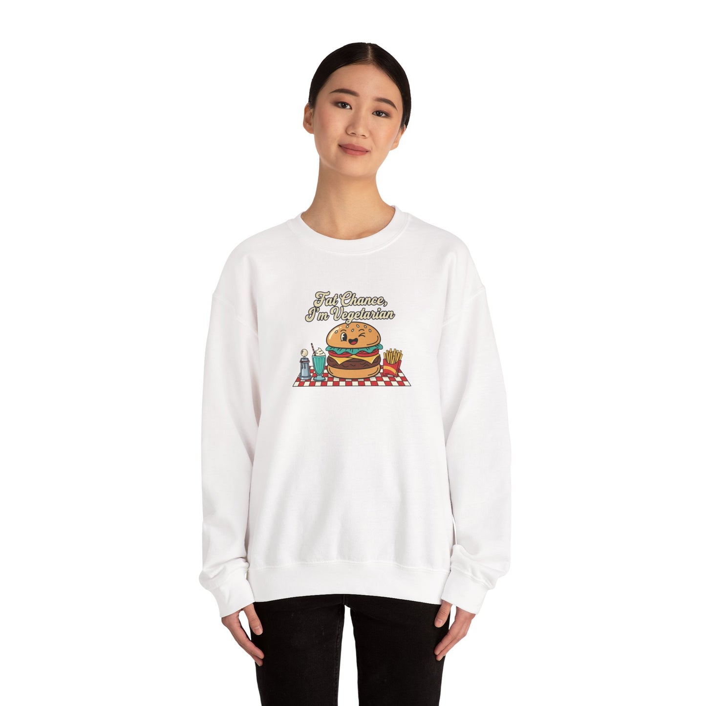 Fat Chance, I'm Vegetarian, Cheeseburger Diner Graphic Sweatshirt | Retro Diner, Matchbook & Pantry Label Art