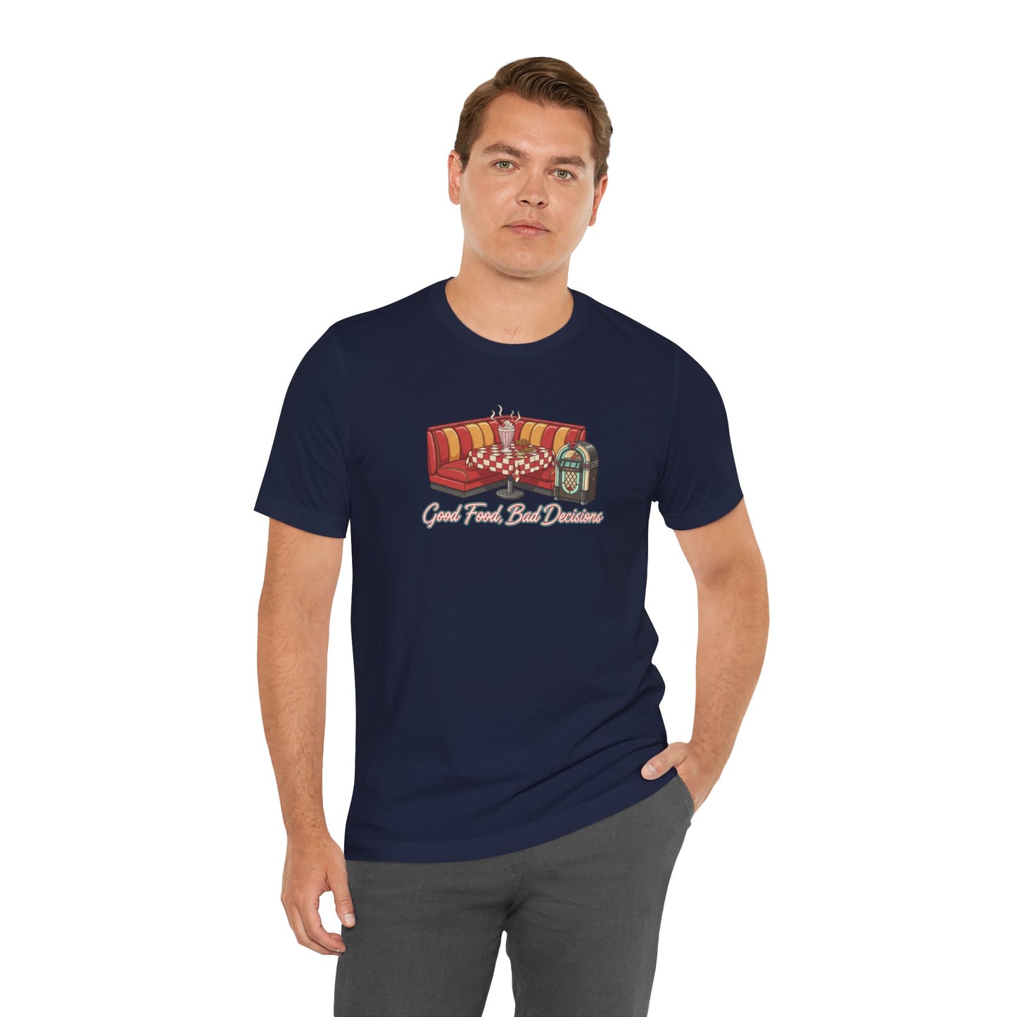 Good Food, Bad Decisions, Diner Booth & Jukebox Tee | Retro Diner Shirt, Matchbook Graphic
