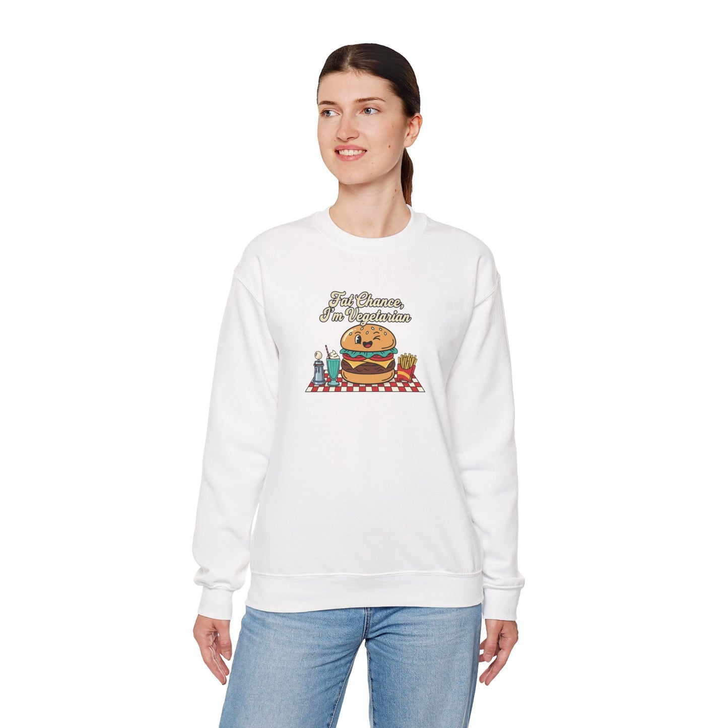Fat Chance, I'm Vegetarian, Cheeseburger Diner Graphic Sweatshirt | Retro Diner, Matchbook & Pantry Label Art