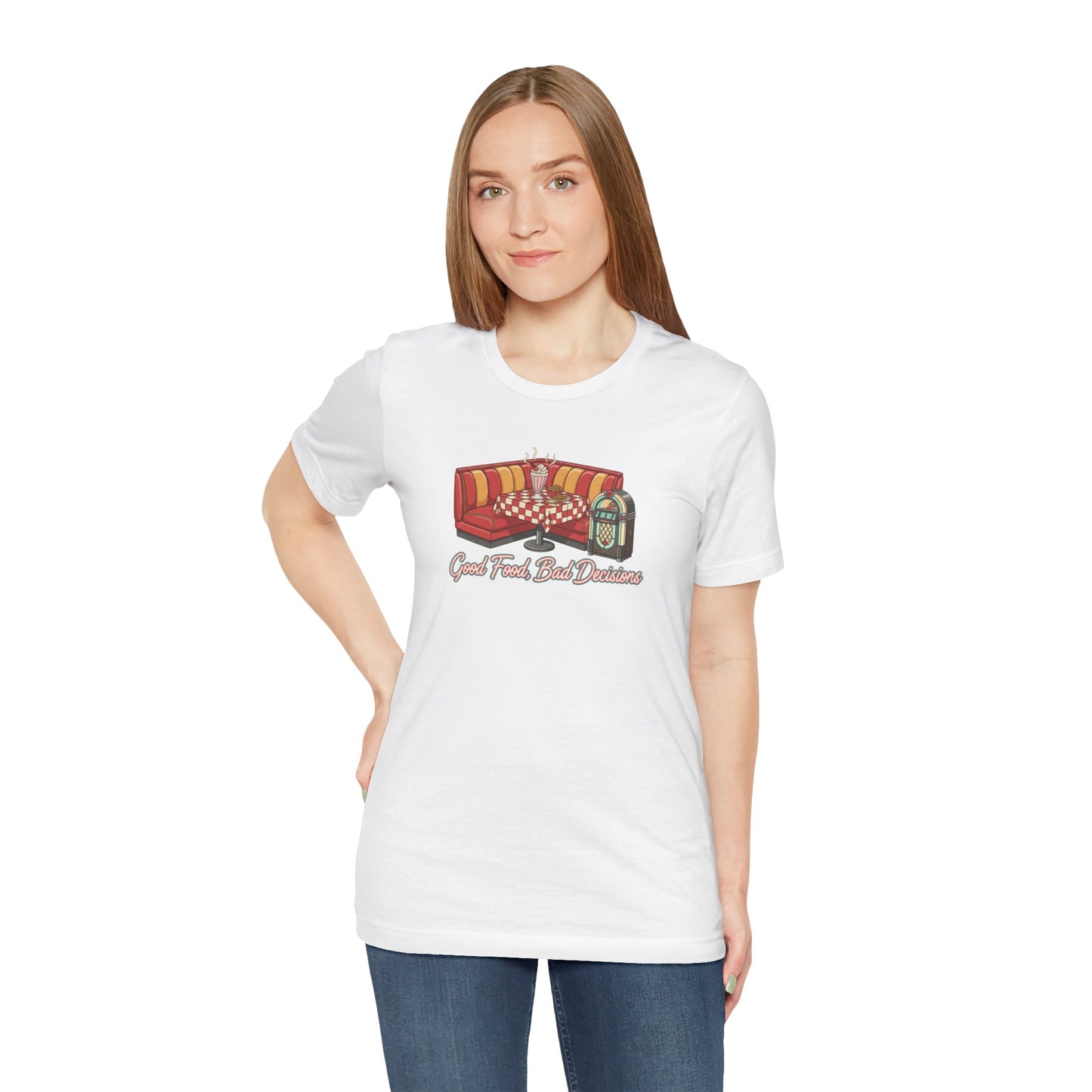 Good Food, Bad Decisions, Diner Booth & Jukebox Tee | Retro Diner Shirt, Matchbook Graphic