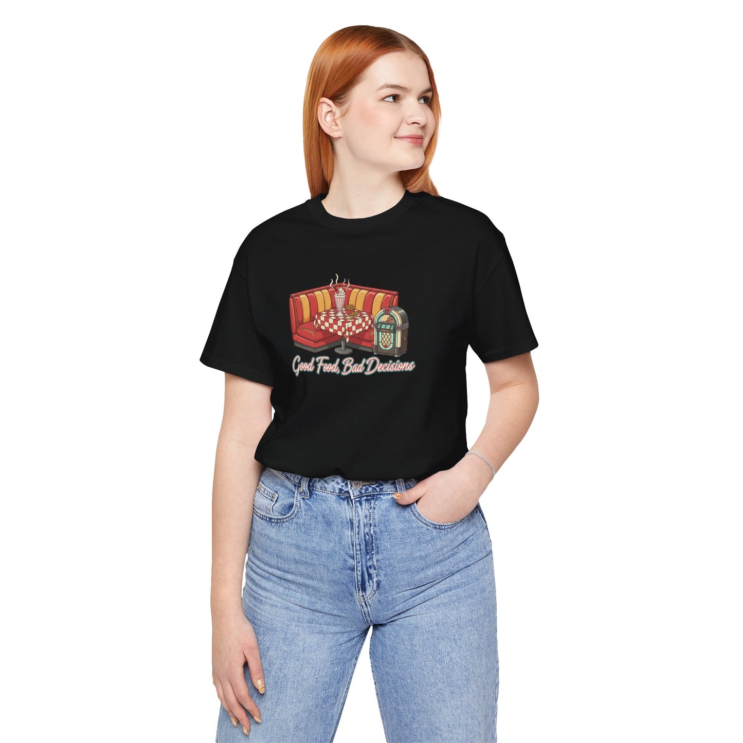 Good Food, Bad Decisions, Diner Booth & Jukebox Tee | Retro Diner Shirt, Matchbook Graphic