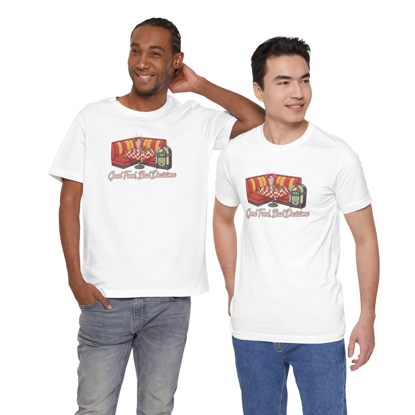 Good Food, Bad Decisions, Diner Booth & Jukebox Tee | Retro Diner Shirt, Matchbook Graphic