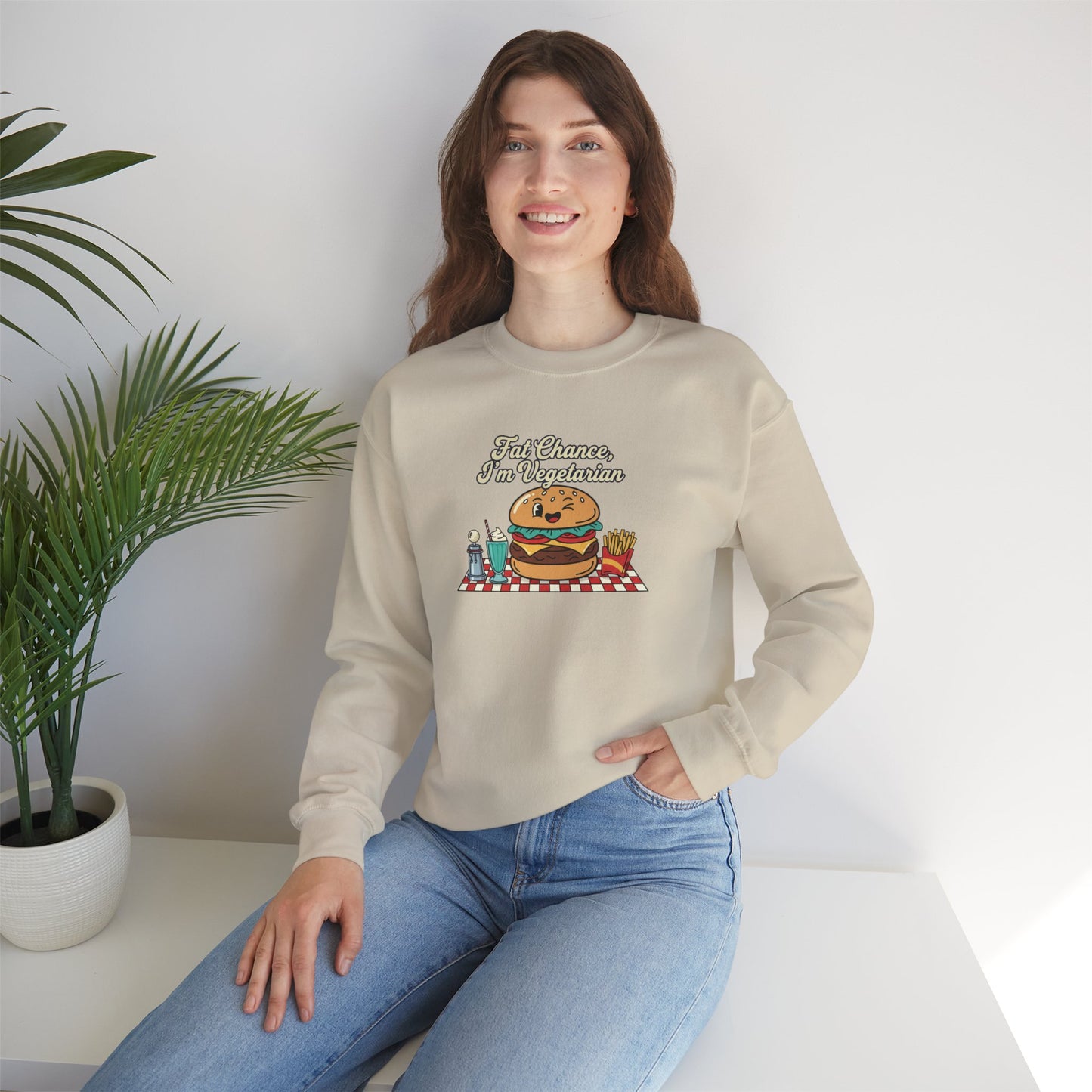 Fat Chance, I'm Vegetarian, Cheeseburger Diner Graphic Sweatshirt | Retro Diner, Matchbook & Pantry Label Art