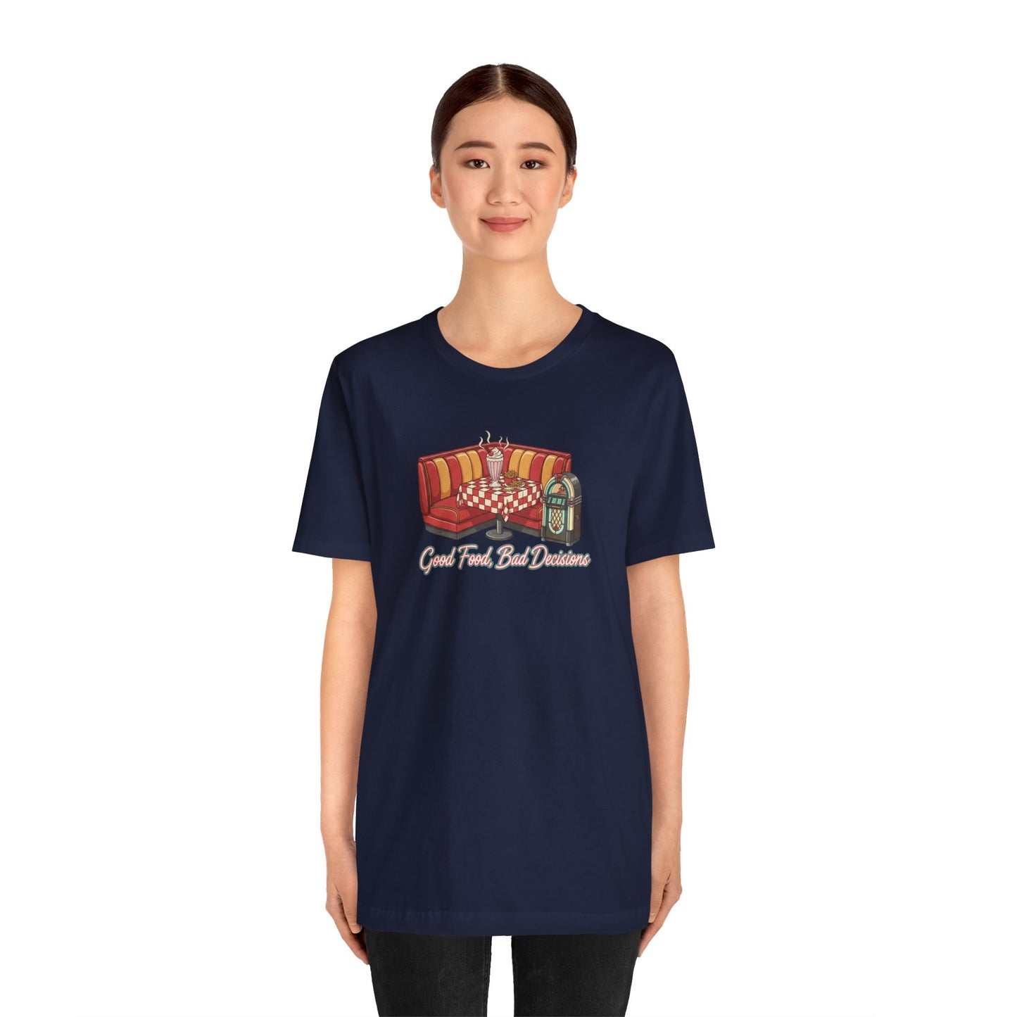 Good Food, Bad Decisions, Diner Booth & Jukebox Tee | Retro Diner Shirt, Matchbook Graphic