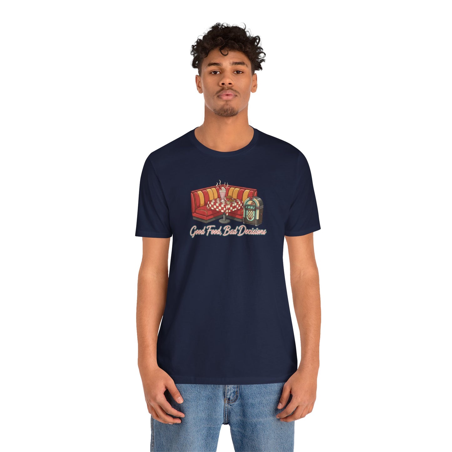 Good Food, Bad Decisions, Diner Booth & Jukebox Tee | Retro Diner Shirt, Matchbook Graphic
