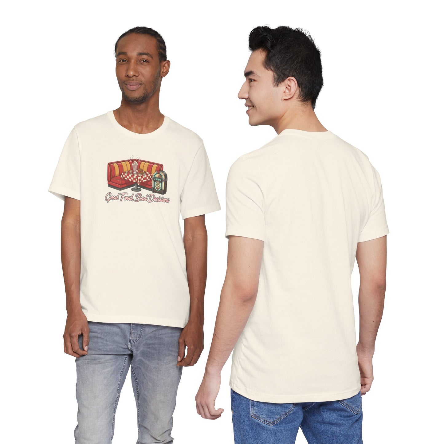 Good Food, Bad Decisions, Diner Booth & Jukebox Tee | Retro Diner Shirt, Matchbook Graphic
